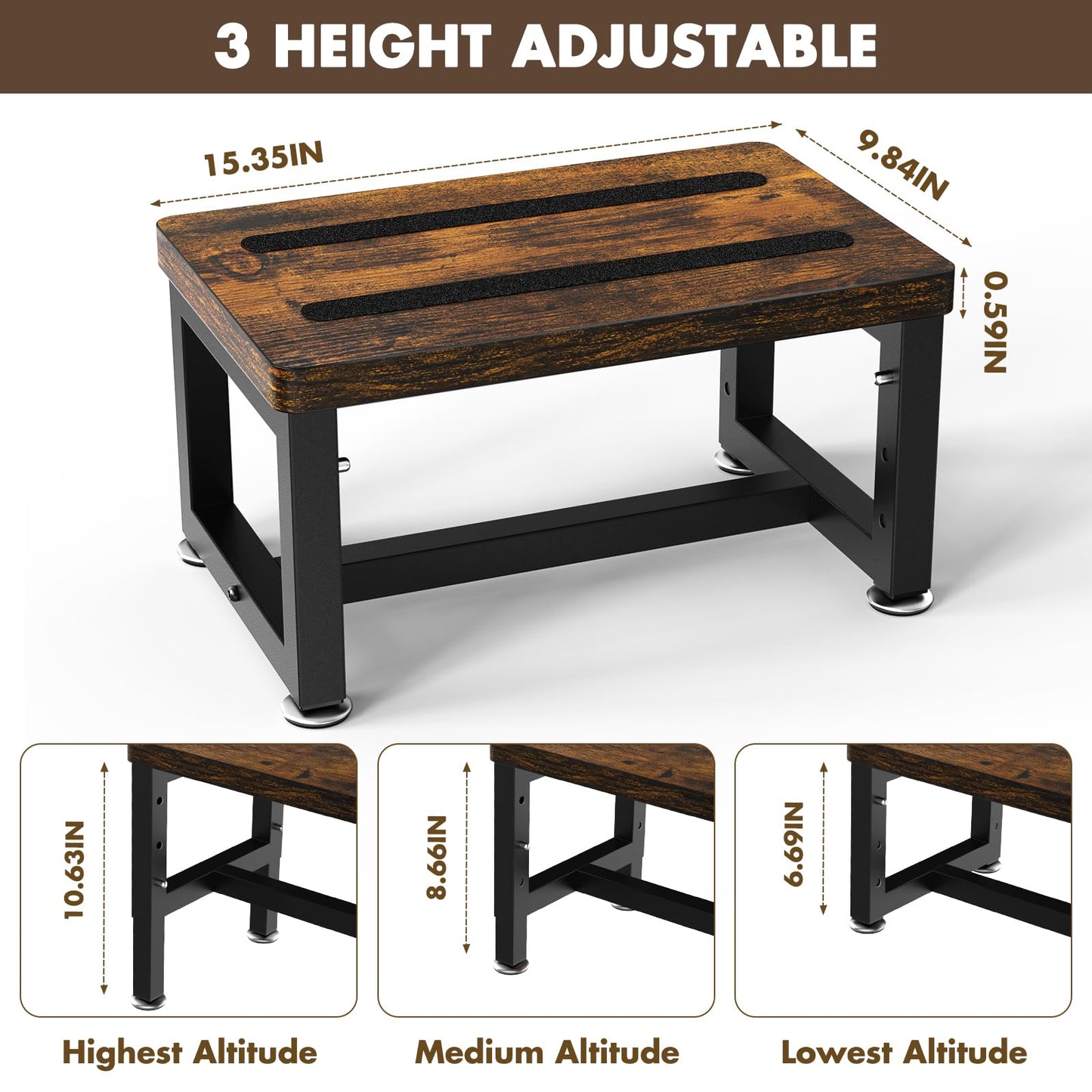 Step Stool, NomNest Height-Adjustable Wooden Step Ladder Metal Foot Stool Small Kitchen Stool Helper for Toddler Adults, Ladder Chair for Home Bedside Bathroom Sink Potty