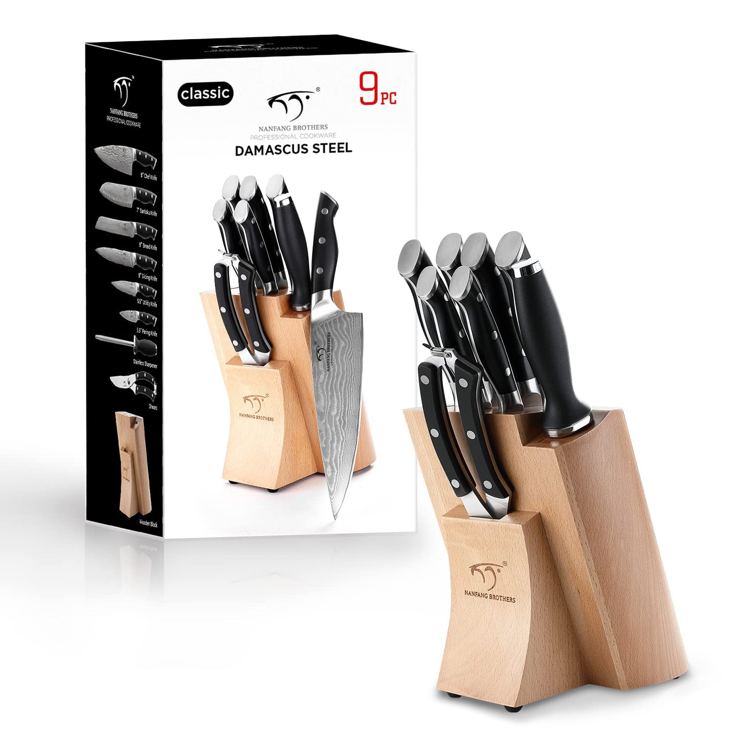 Kitchen Damascus Knife Set, 15 Pieces Kitchen Knife Set with Block, ABS Ergonomic Handle for Chef Knife Set, Knife Sharpener, Kitchen Shears, Natural Wooden Block and Bamboo Drawer Organizer, Gift Box