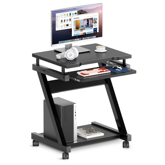 sogesfurniture Mobile Computer Desk, Small Rolling Work Workstation for Home and Office with Printer Shelf, Keyboard Drawers,23.6 x 18.9 x 28.7 Inches,BHUS-DX-8110-BB(Black)
