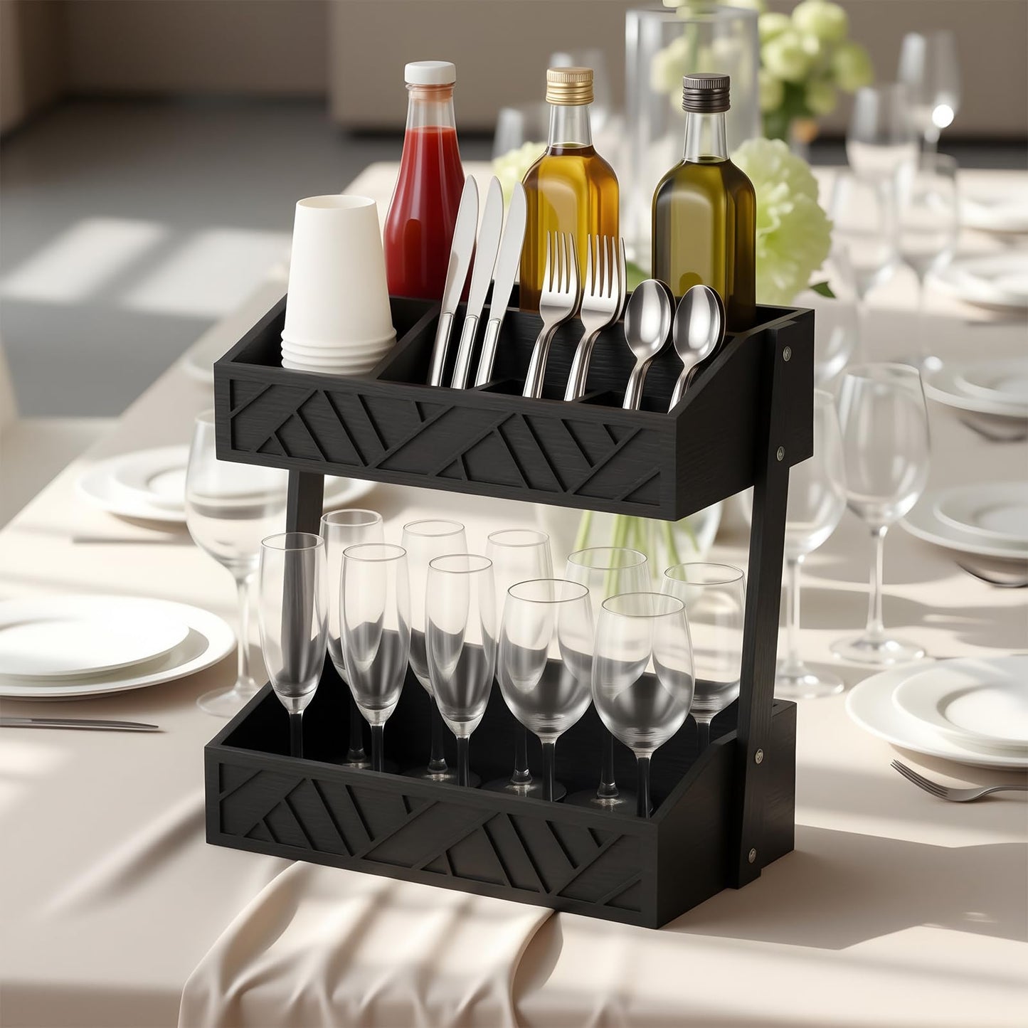 Geelin 2 Tier Paper Plate Dispenser Wood Rustic Paper Plate Holder for Countertop Silverware Utensil Caddy Cutlery Flatware Organizer Rack for Cups Spoons Forks Napkins, Kitchen Accessories, Black