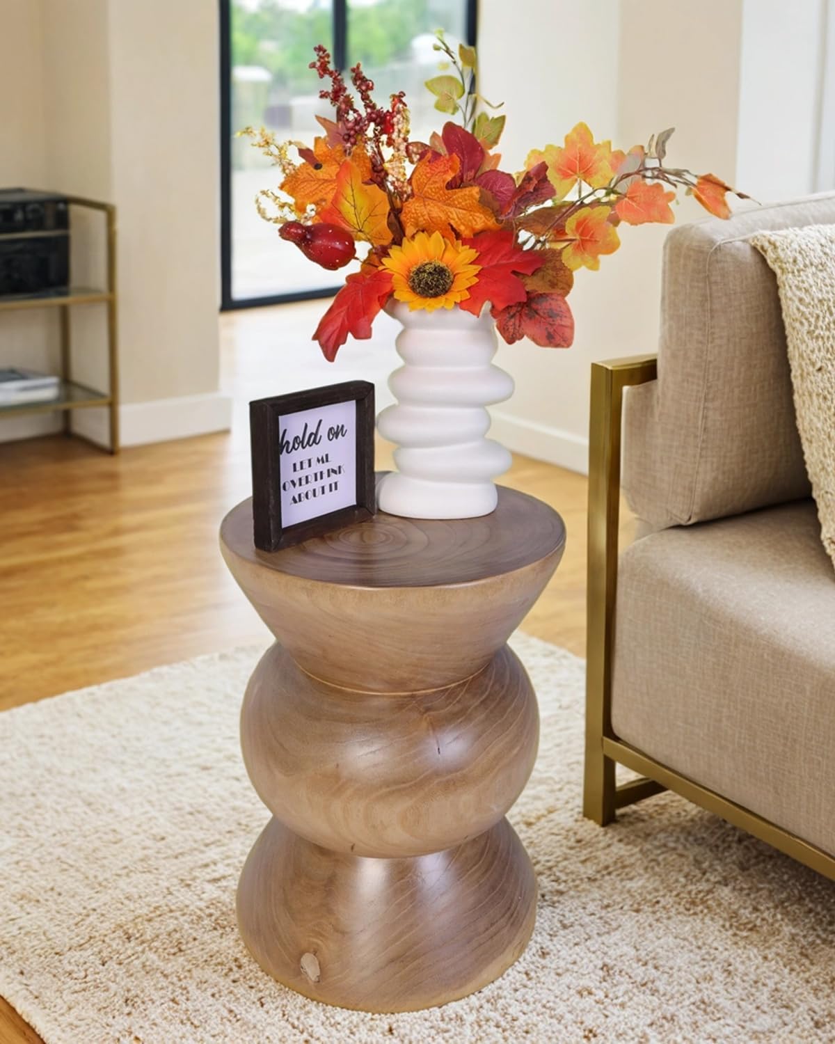 Athaliah Wooden Side Table, Hand Carved Rustic Wood Tree Stump End Table, Natural Paulownia Wood Round Coffee Table, Indoor Outdoor Wood Stump Stool for Living Room, Bedroom, Garden, Patio