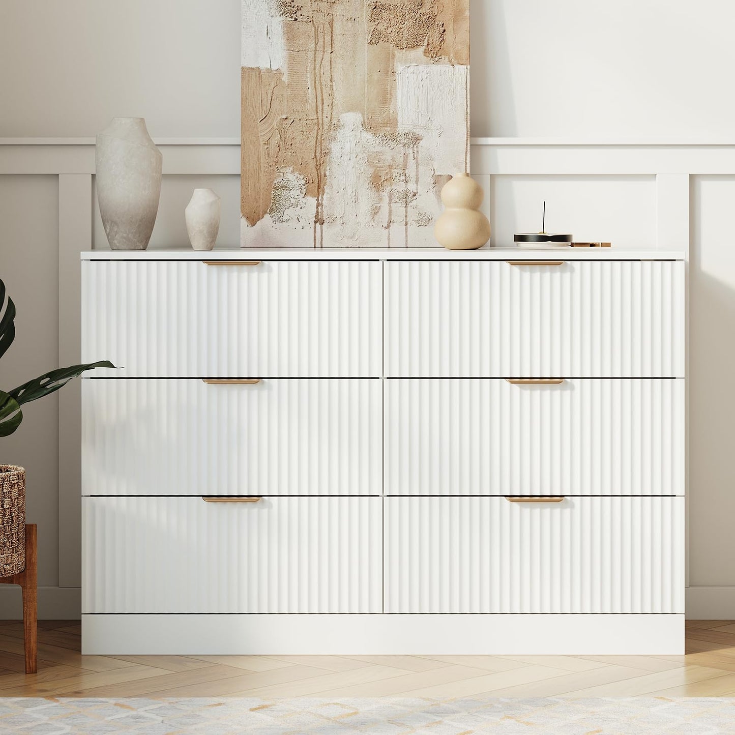 MALOL Modern Fluted 6 Drawer Dresser, Wide Wooden Storage Cabinet with Metal Handles, Silent Glide Drawers, Anti-Tip Chest for Bedroom, Living Room, White, 47 Inch
