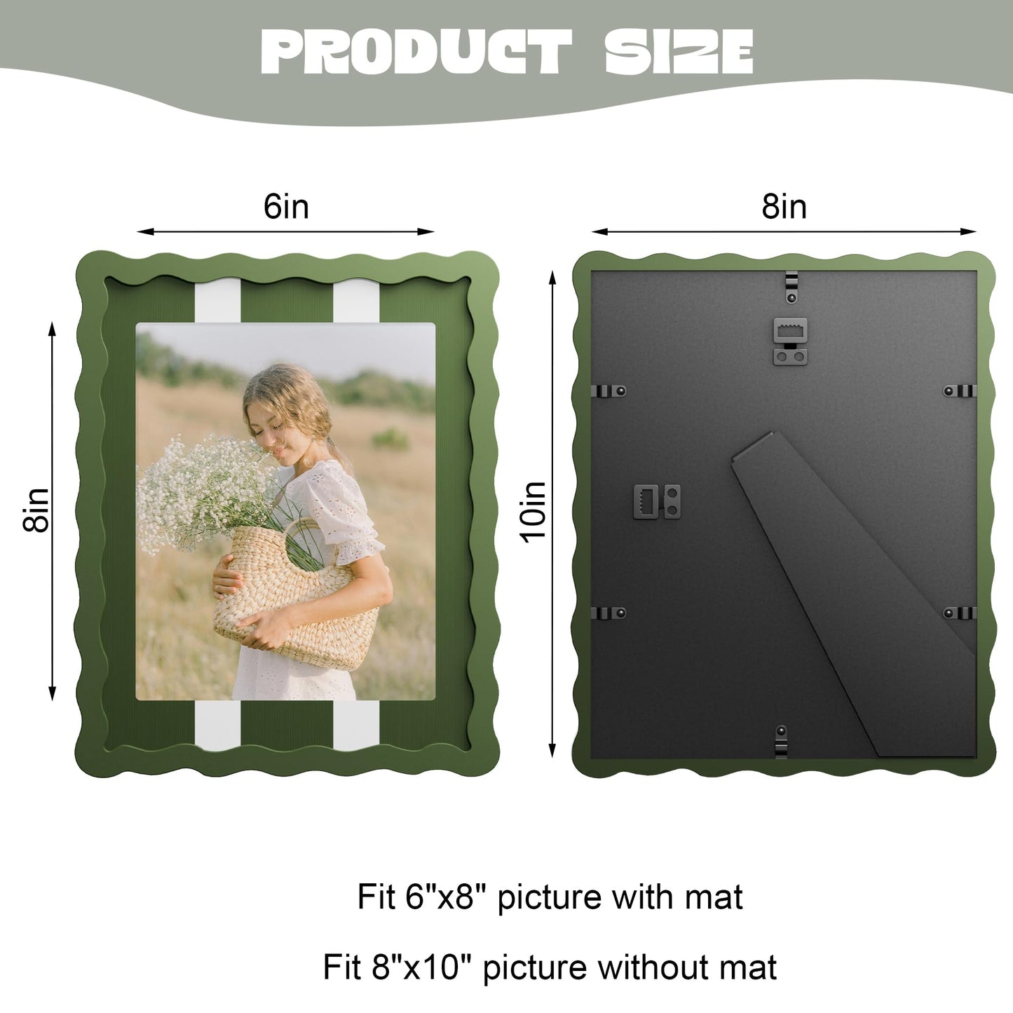 YESKAY 8x10 Picture Frame with Real Glass,Wavy Edge Wooden Photo Frame for 6x8,Cute Scalloped Picture Frame for Tabletop or Wall Hanging,Green,1 Pack