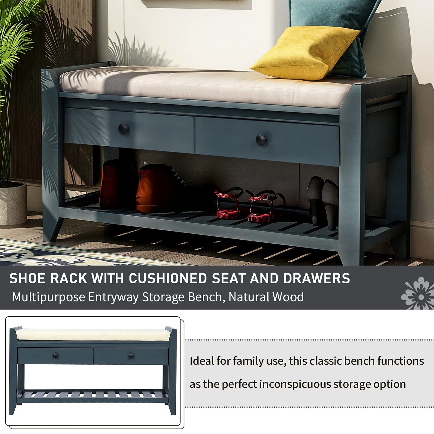 SPOFLYINN Shoe Bench, Entryway Storage Benches with Cushion Seating and Storage Drawers, Multipurpose Wooden Shoe Bench with Bottom Shelf for Entryway Hallway Living Room Bedroom Antique Navy