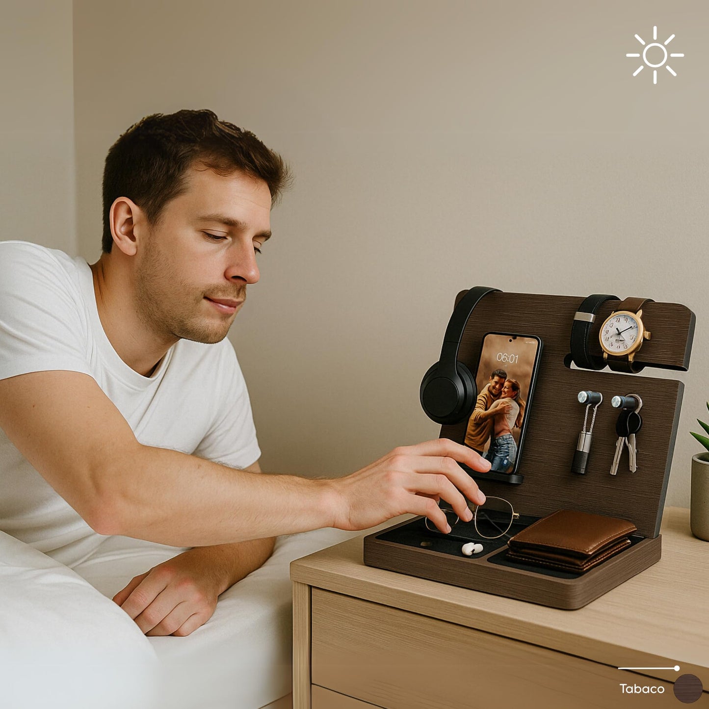 Namore Nightstand Organizer for Men – Wood Phone Docking Station & Bedside Valet Tray Organizer for Wallet, Watch & Keys – Unique Gifts for Men, Husband, Dad