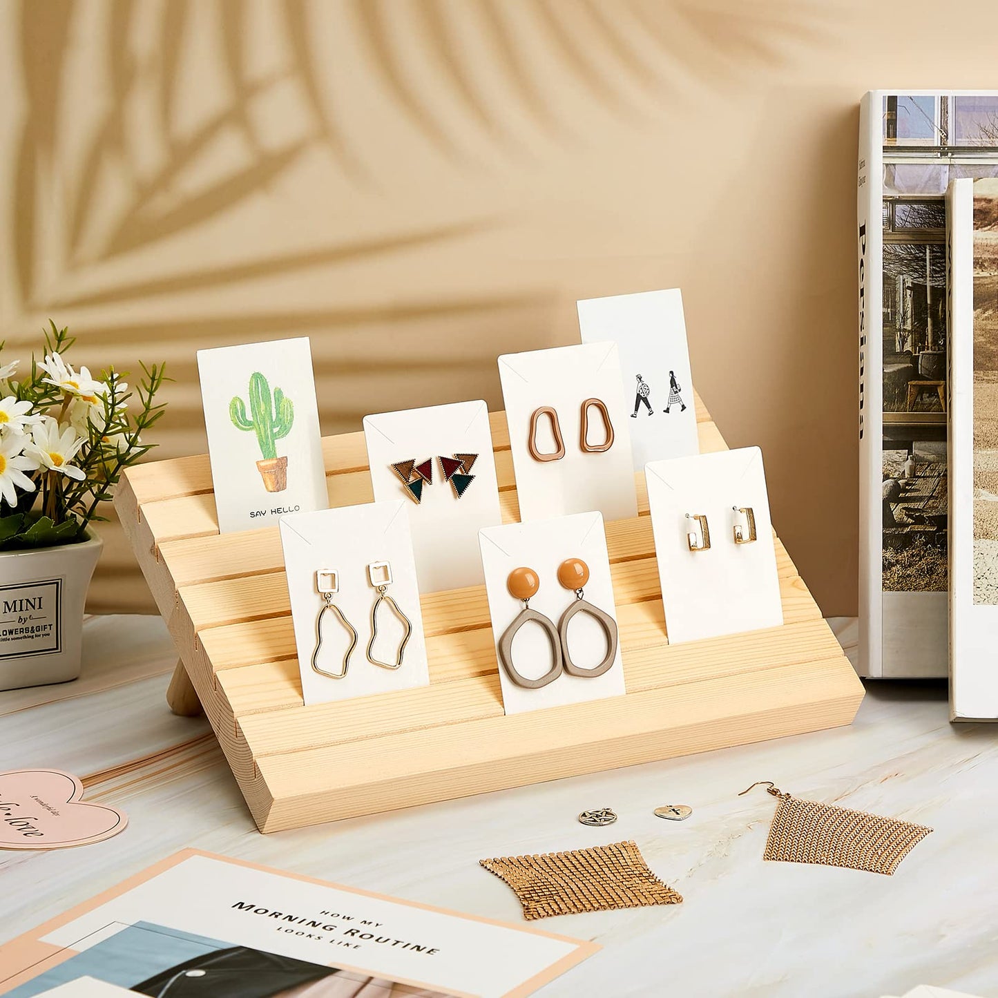 Marsui 62 Pcs Wood Earring Display Stand Earring Card Display 2 Sets of Holder with Cards Jewelry Stands for Selling(Wood Color)