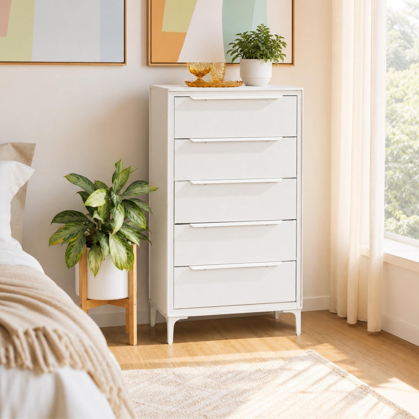 tinge Naima Premium Fabric Dresser - Strong Metal Frame, 5 Spacious Sag-Proof Drawers with Sleek Metal Handles - Premium & Durable Storage Solution for Your Home (Beige)