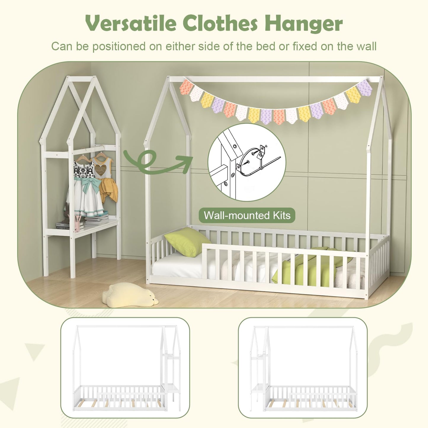 Giantex Twin House Floor Bed, Solid Wood Montessori Bed with Detachable Storage Shelf, Clothes Hanger & Guardrails, Twin Beds for Kids Teens, Girls & Boys