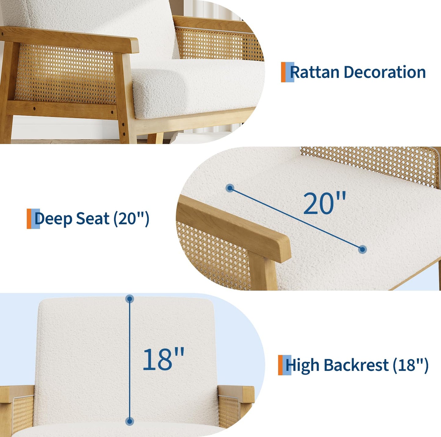 IDEALHOUSE Rattan Accent Chair, Boucle Armchair, Upholstered Reading Chair with Wooden Frame and High Back, Leisure Chairs for Living Room Bedroom Waiting Room Reception, White