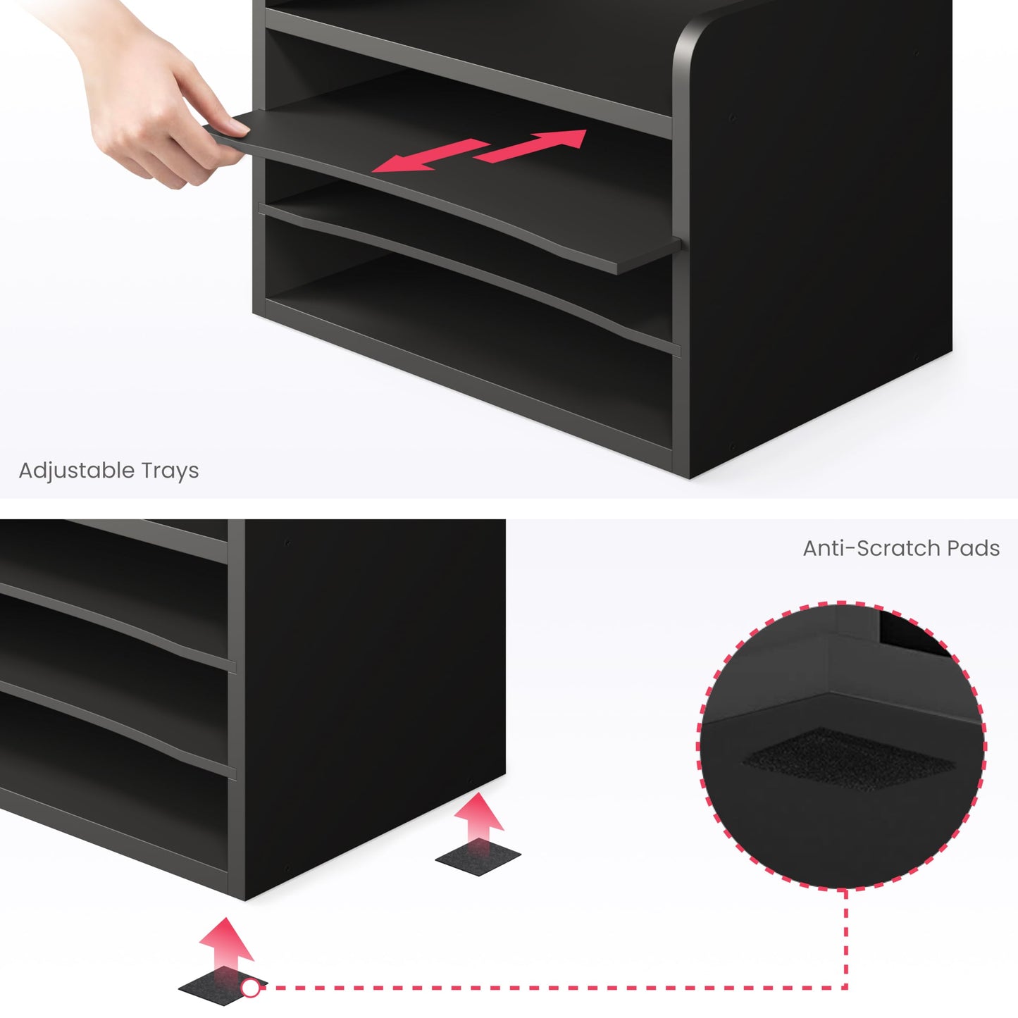 Ballucci File Organizer, 4-Tier Office Desk Organizer, Open Top Wood Paper Organizer for Classroom, Mail Sorter Paper Tray with Adjustable Storage Shelves, Black