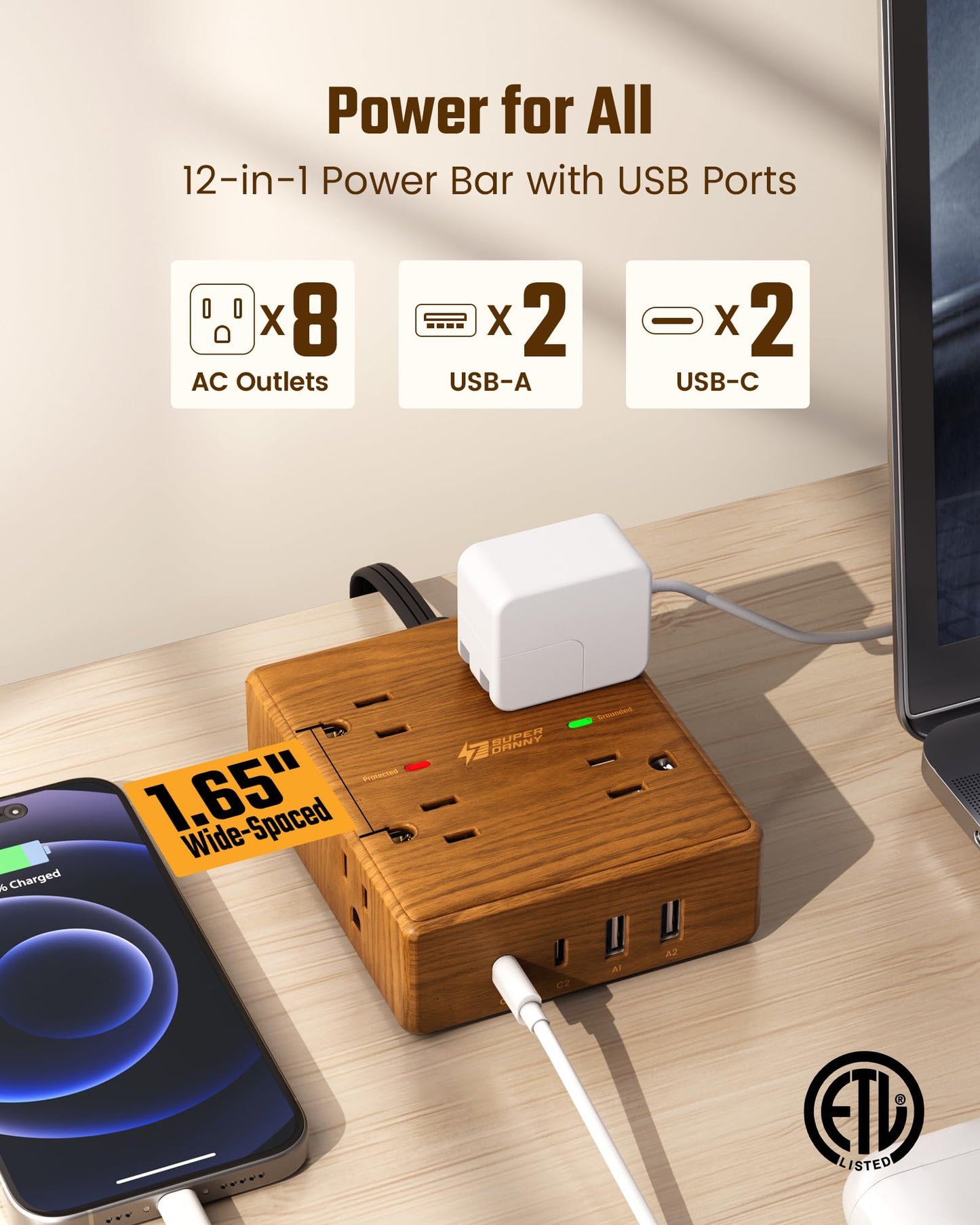 Brown Extension Cord 10Ft, Flat Plug Power Strip Surge Protector, 8 Outlets & 4 USB Ports (2 USB C), Desktop Charging Station Hidden Behind Furniture, Decorative Office Desk Accessories (Walnut Wood)