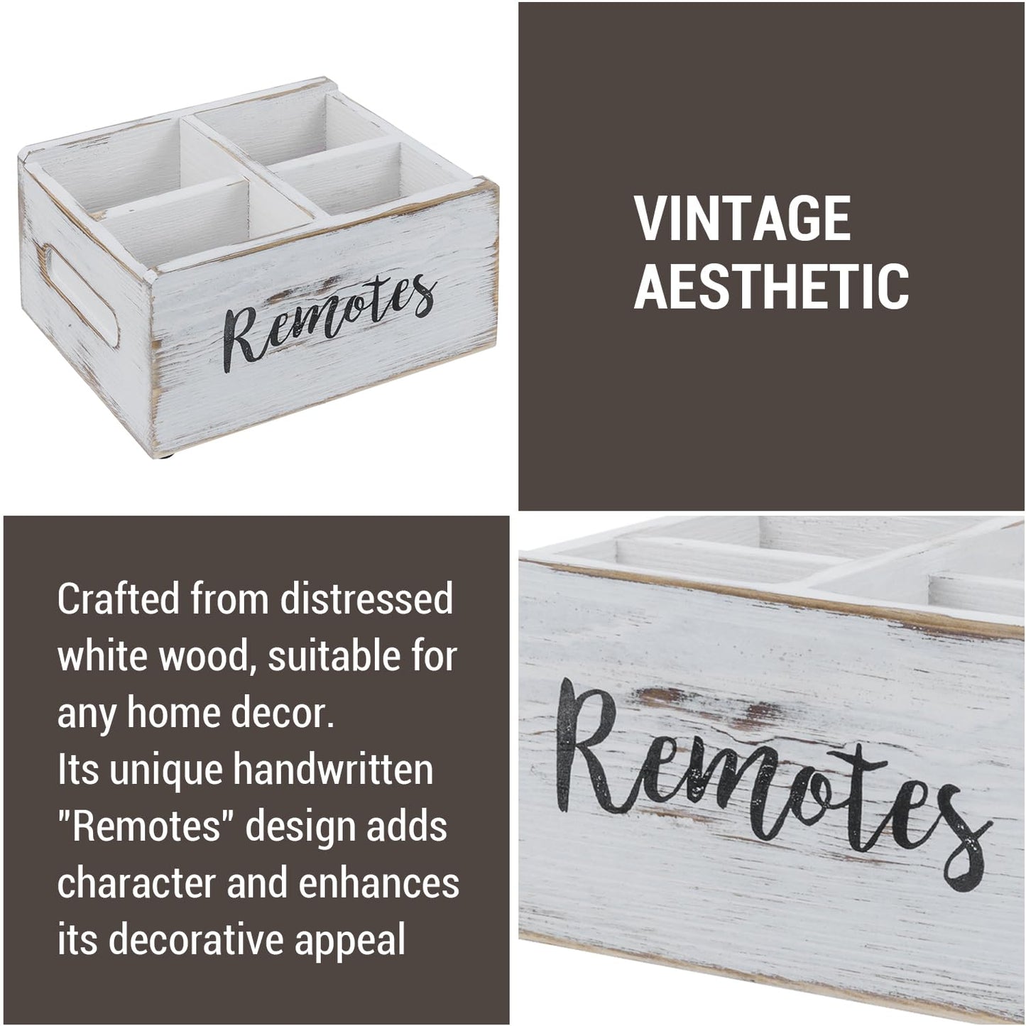 MyGift Wood Remote Control Holder Organizer with 4 Compartments, Media Remote Caddy Storage with Cursive REMOTES Design, Whitewashed