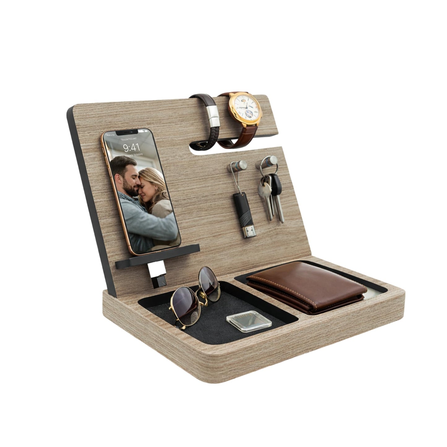 Namore Nightstand Organizer for Men – Wood Phone Docking Station & Bedside Valet Tray Organizer for Wallet, Watch & Keys – Unique Gifts for Men, Husband, Dad