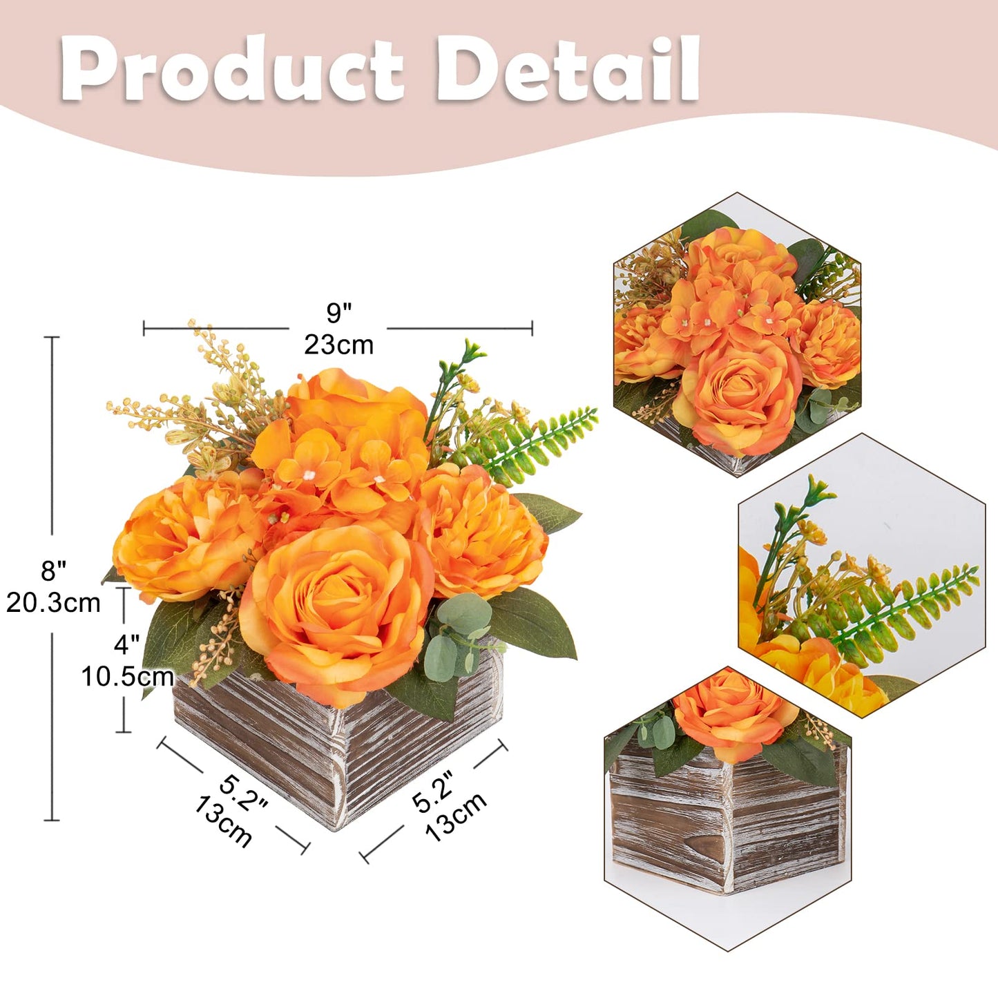 DILATATA Artificial Flower Arrangement, 8'' Orange Roses Peonies Hydrangeas in Wooden Planter, Rustic Fake Flowers in Pot for Home Decor Living Room - 1PC