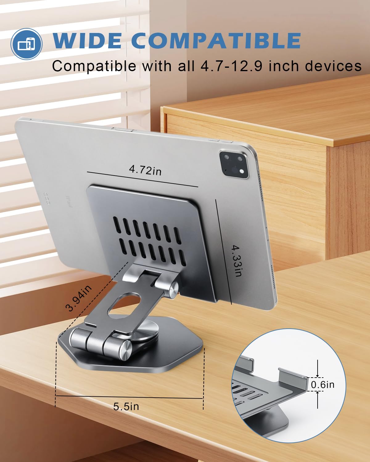 SOJUNER Aluminum Tablet Stand, 360° Swivel for 5–12.9in Devices, Grey