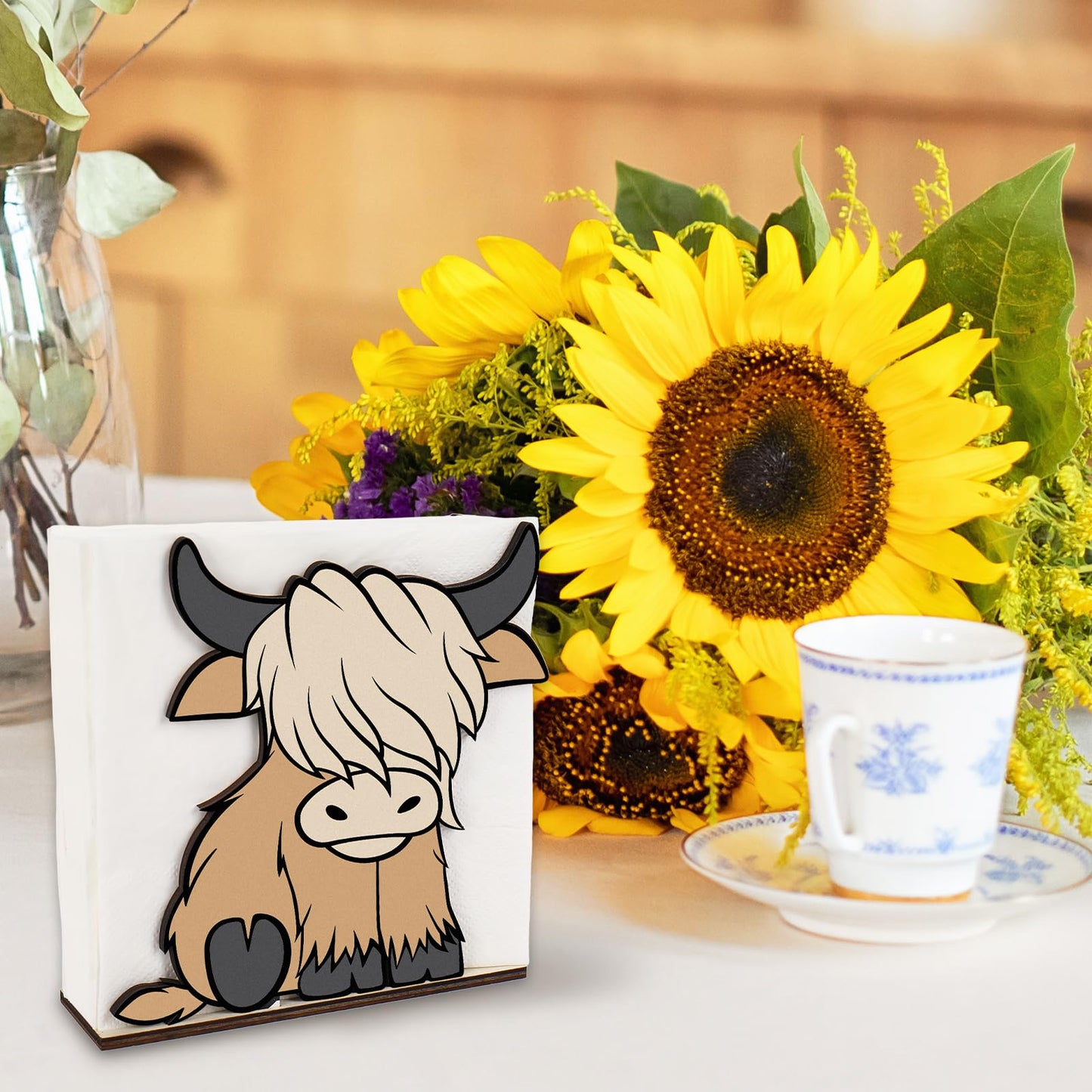 FYSUIMU 2 Pcs Wooden Highland Cow Napkin Holder Standing Brown Wooden Paper Holder Napkin Tissue Dispenser for Dining Room Cocktail Kitchen Table Countertop Decor
