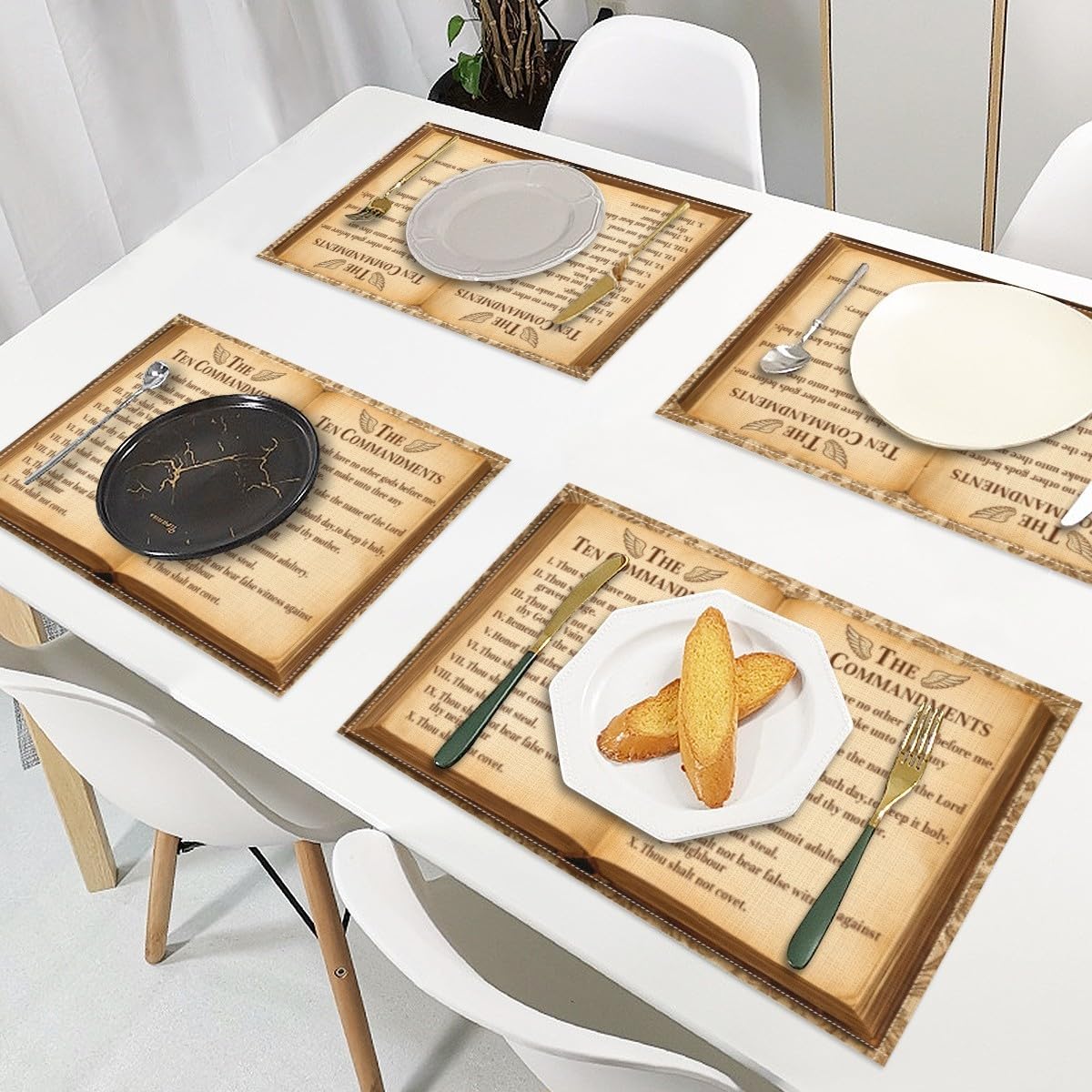 The Ten Commandments Placemats Set of 4, Christian Religious Bible Verse Place Mats Table Mats for Kitchen Dining Room Home Party Decor 12x18 Inch