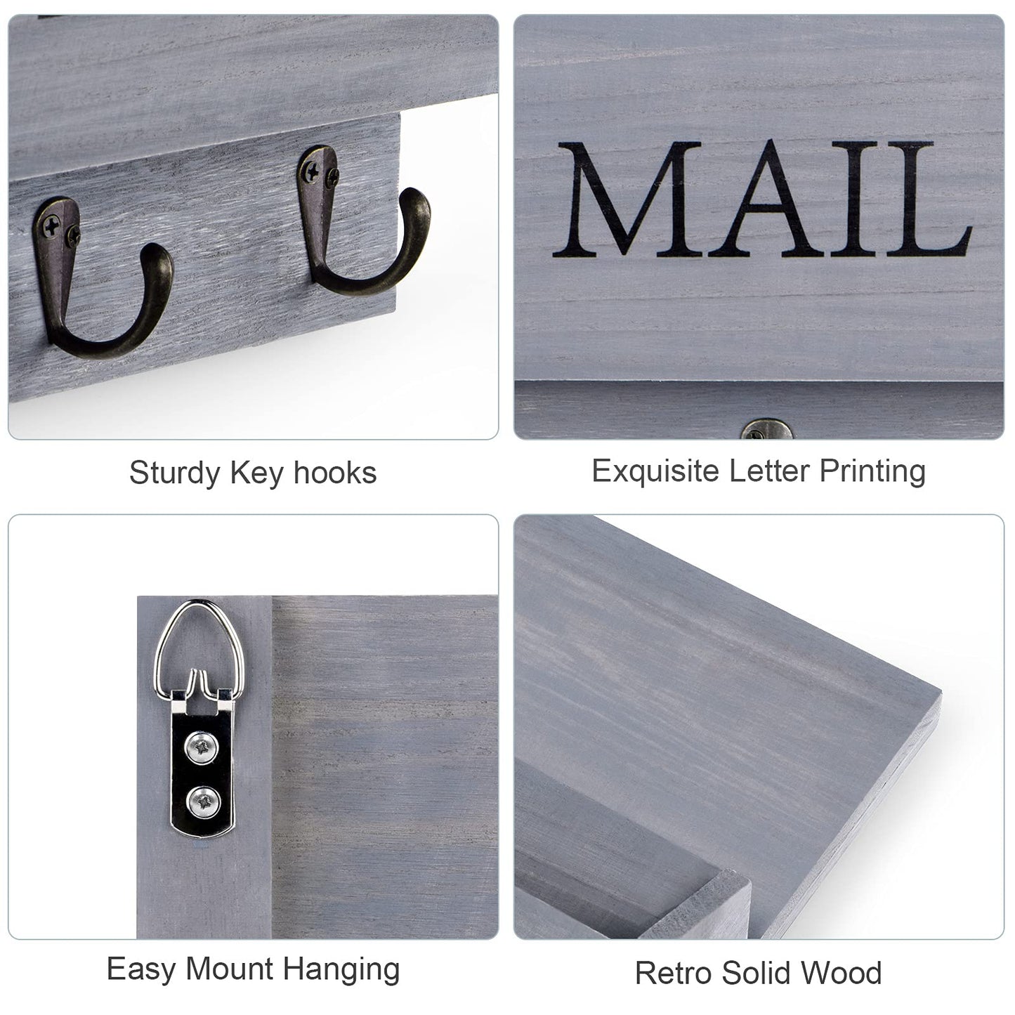 DLQuarts Mail Organizer with Key Holder for Wall Decorative Mail Sorter Wall Mounted, Wooden Mail Holder with 3 Hooks, Gray
