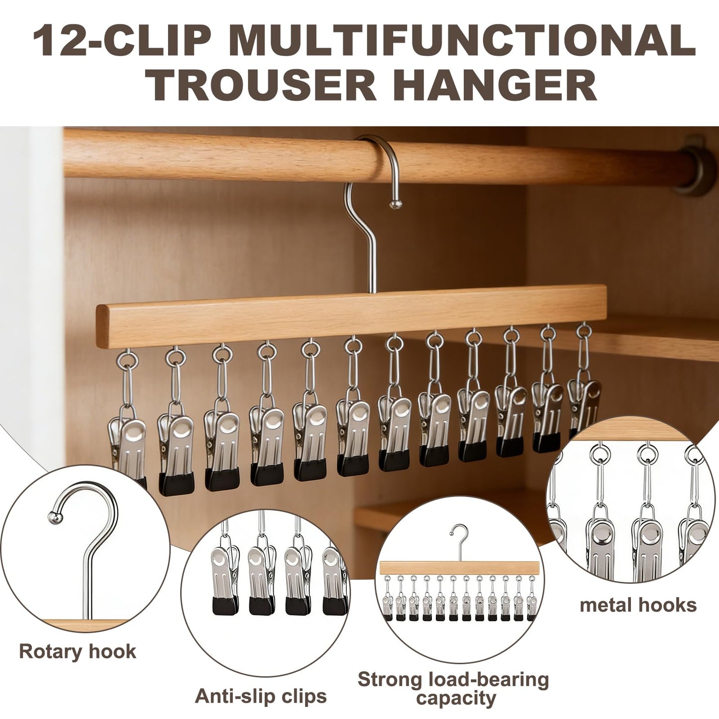 Shgxjjnb Wooden Rotating Pants Hanger, Closet Organizer with 12 Clips, Space Saving Hanging Clothes Legging Wardrobe Organizer for Jeans, Hats, Shorts, Socks (Brown+Nature, 2Pack)