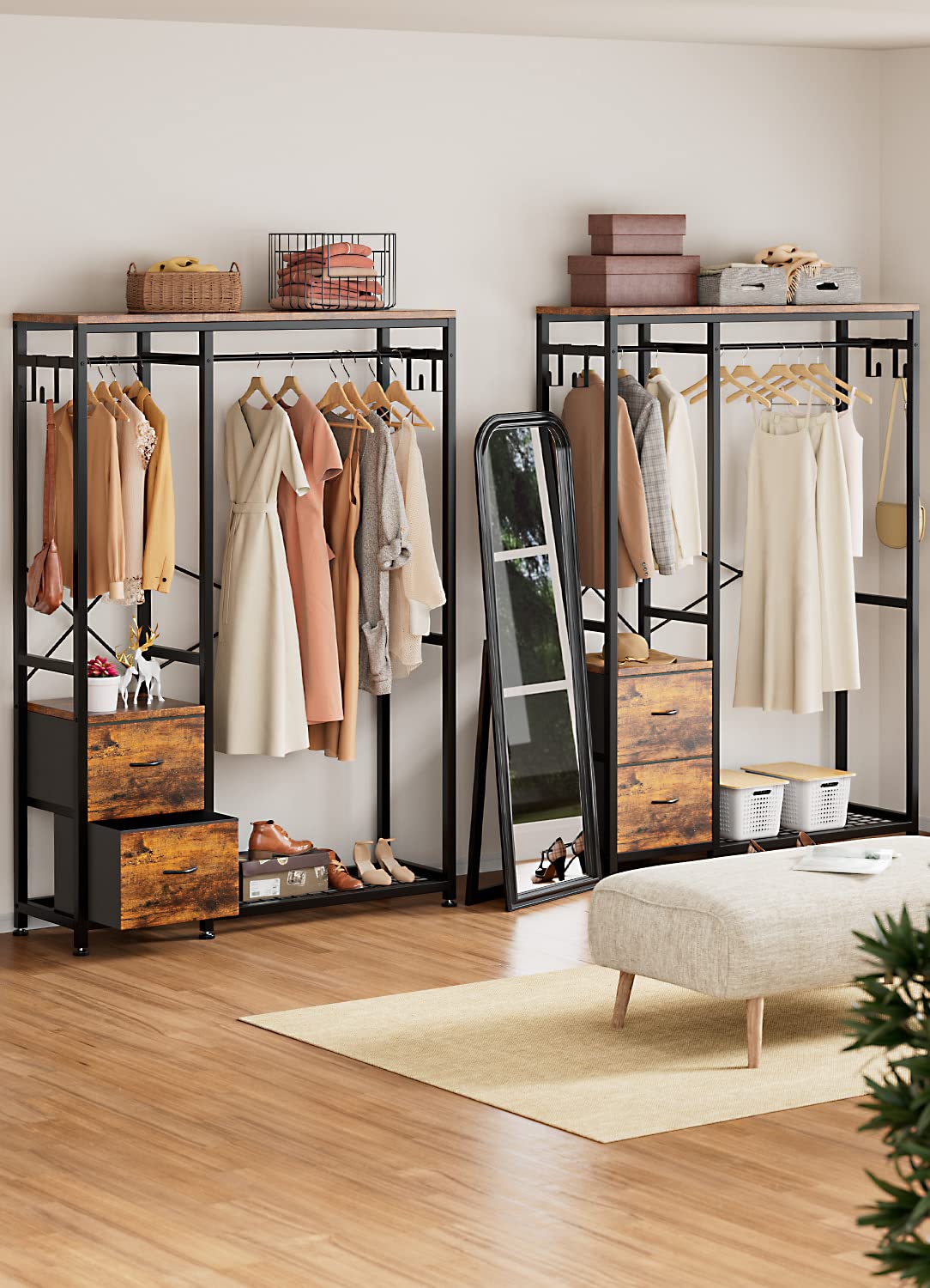 Lulive Clothes Rack with 2 Rods, Shelves, Drawers & Hooks, Garment Rack