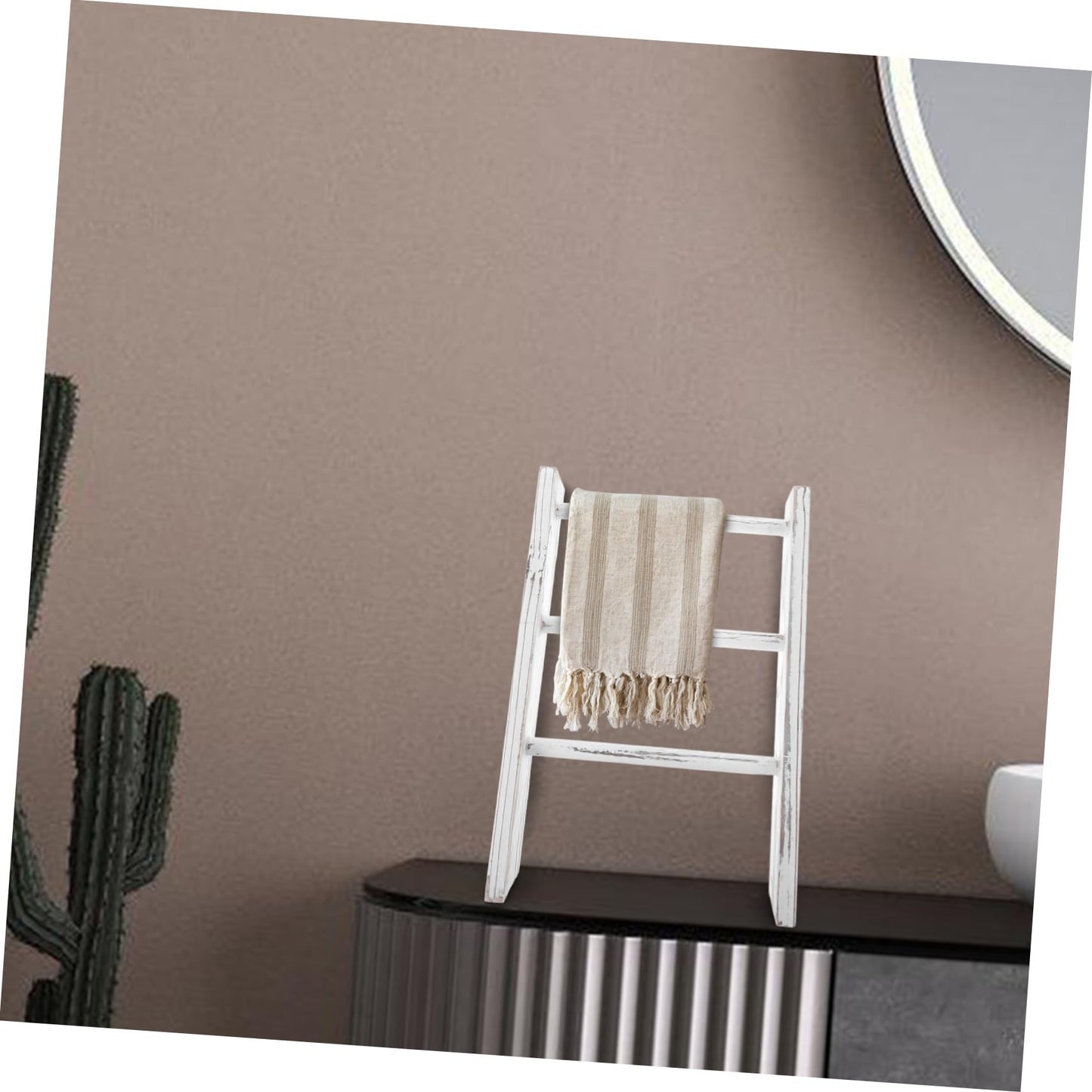 COSMEVIVI Rustic Mini Ladder Towel Rack for Small Spaces Space Saving White Tea Towel Holder and Display Stand Multipurpose Farmhouse Bathroom Decor Organizer Compact Decorative Shelf