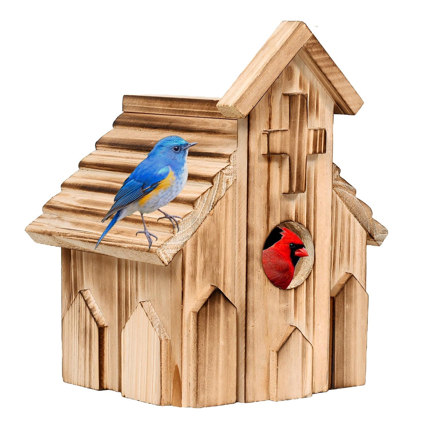 NATUREYLWL Church-Shaped Wooden Birdhouses, Cross Design Bird Houses for Outside, Hanging Birdhouse for Bluebird, Robin, Cardinal, Sparrow, and Finch, Bird Nesting Box for Outdoor Garden Decoration
