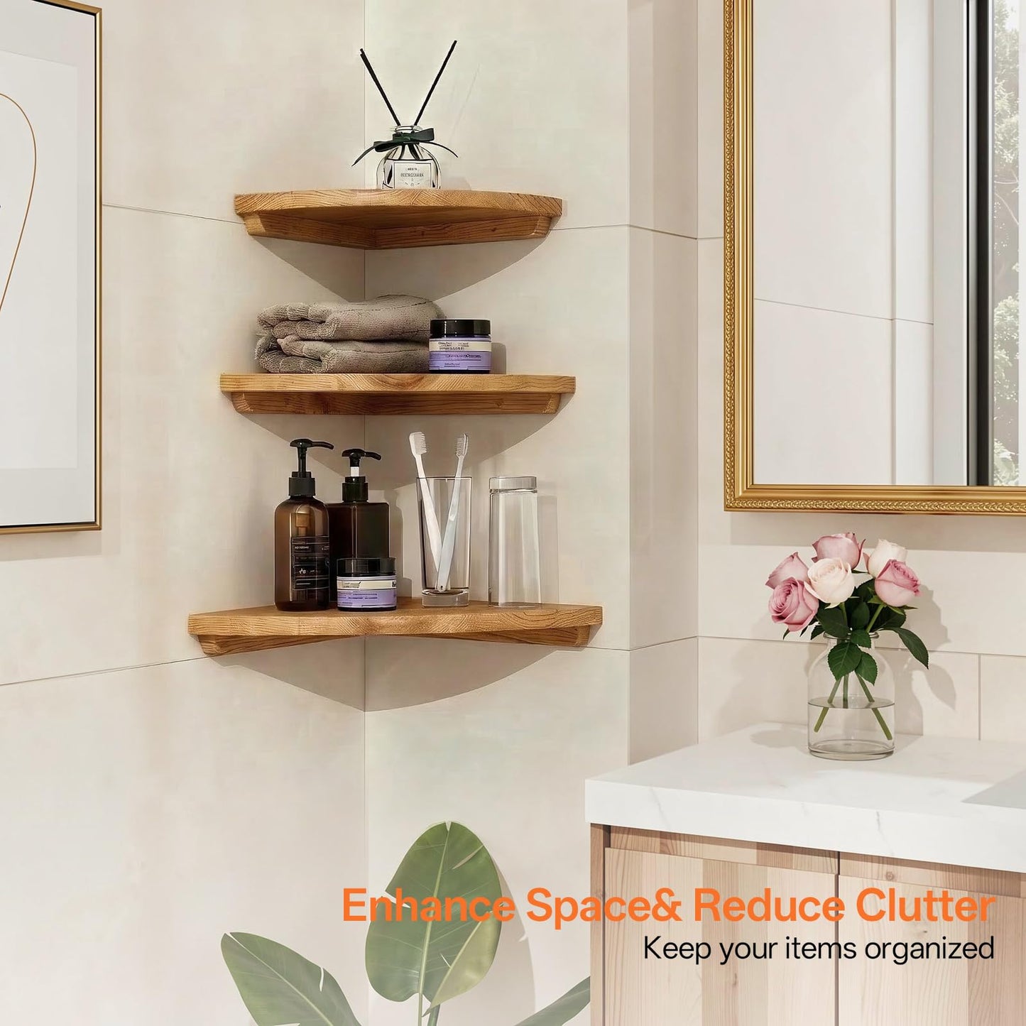 Gieanoo Corner Floating Shelf 9inch Solid Oak Wood Floating Corner Shelf with Wire Hole Corner Wall Mount Storage Display Shelves for Living Room Bedroom Bathroom Kitchen