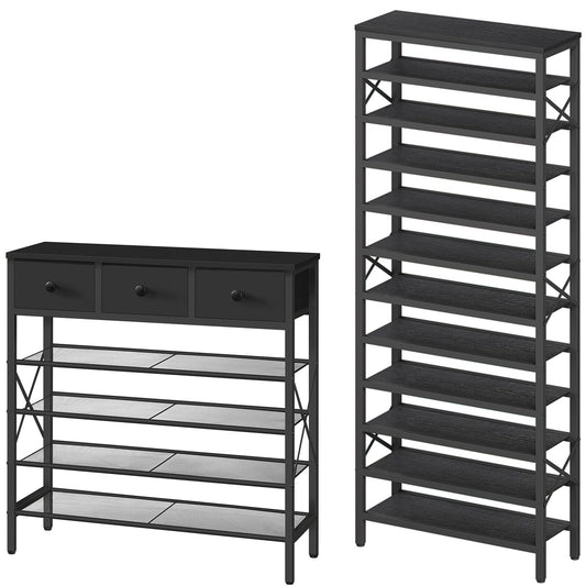 YATINEY 5-Tier Shoe Rack with 3 Drawers and 12-Tier Tall Shoe Rack Organizer, Wooden Shoe Storage for Closet Holds 48 Pairs, Sturdy Shoe Shelf SS35BB-SS212BB