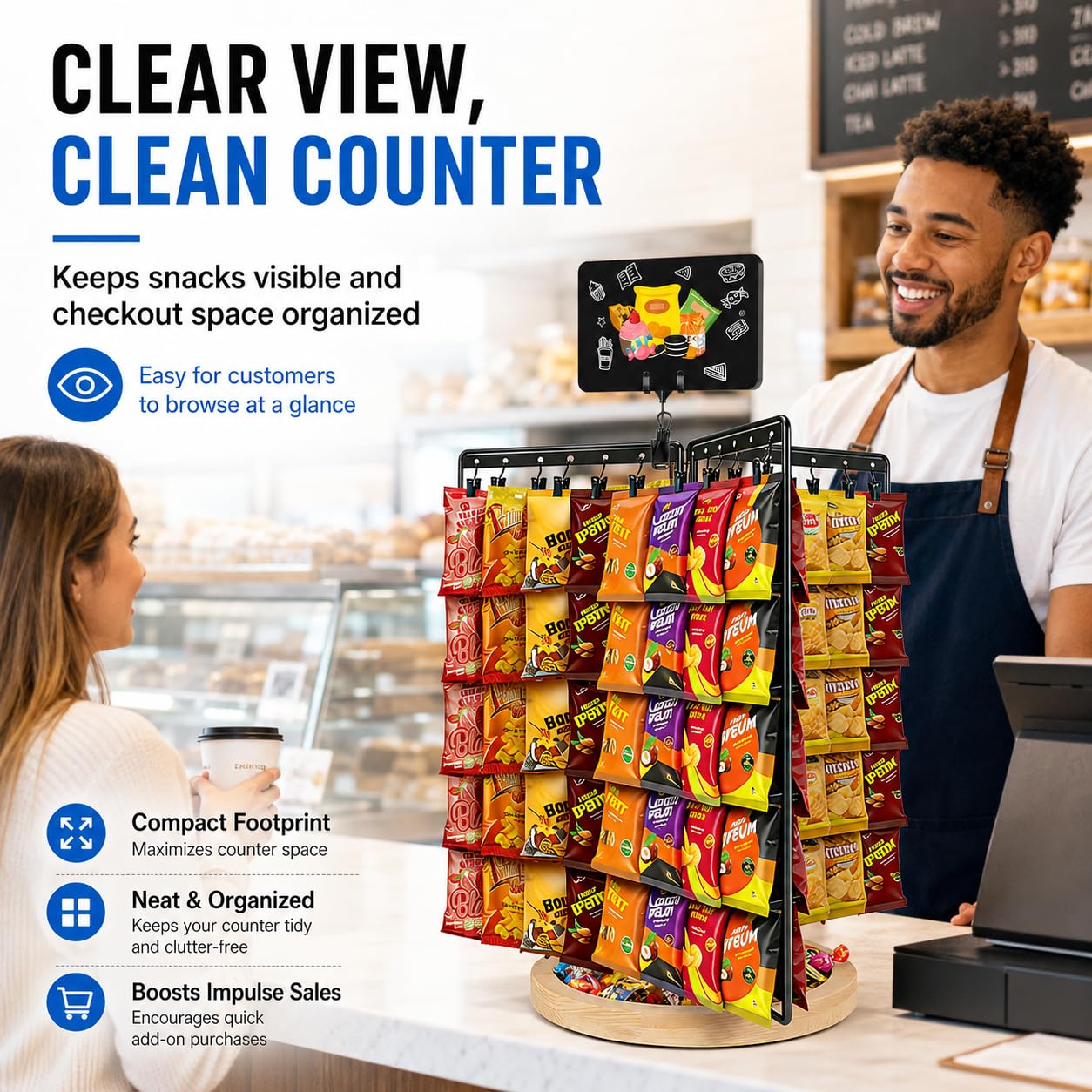 Chip Rack Display Stand, 360° Rotating 6-Sided Chip Holder Display for Countertop with 75 Adjustable Clips, Wooden Base Tray, DIY Message Board & Pen, Snack Display Rack for Concession Stand, Retail, Office, Parties