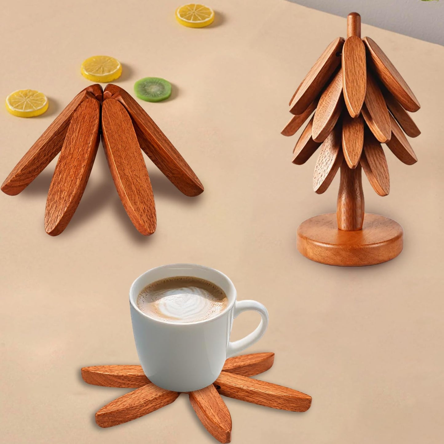 Smartwikiit Wooden Tree Trivet Set - 4 Heat-Resistant Sapele Wood Trivets with Stand for Hot Pots and Pans, Kitchen Countertop Protection, Christmas Tree Design Wooden Pot Holders