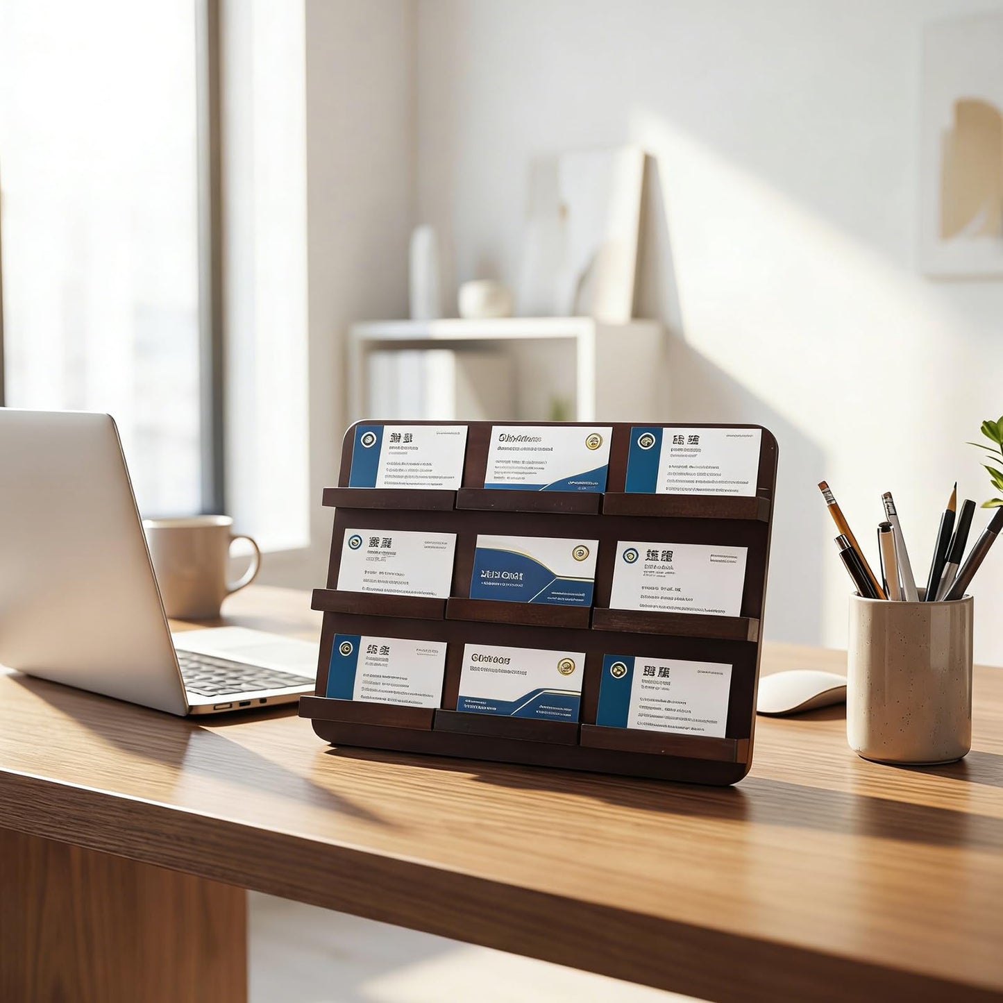 Leinuosen 3 Tie Wood Business Card Holder for Desk 9 Slot Wooden Business Card Display Stand Multiple 3 Tie Detachable Organizer for Desktop Office Home Exhibition Meeting (9.45 x 13 Inch)