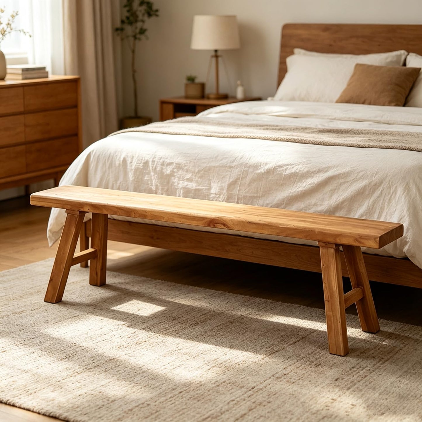 ConveniBee Farmhouse Indoor Wooden Living Room Dining Bench, Asian Natural Wood Kitchen Entryway Benc with Armless Design and Short Height, Solid Wood Shoe Bench Entryway Benches (47.2 * 10.2 * 17.7)