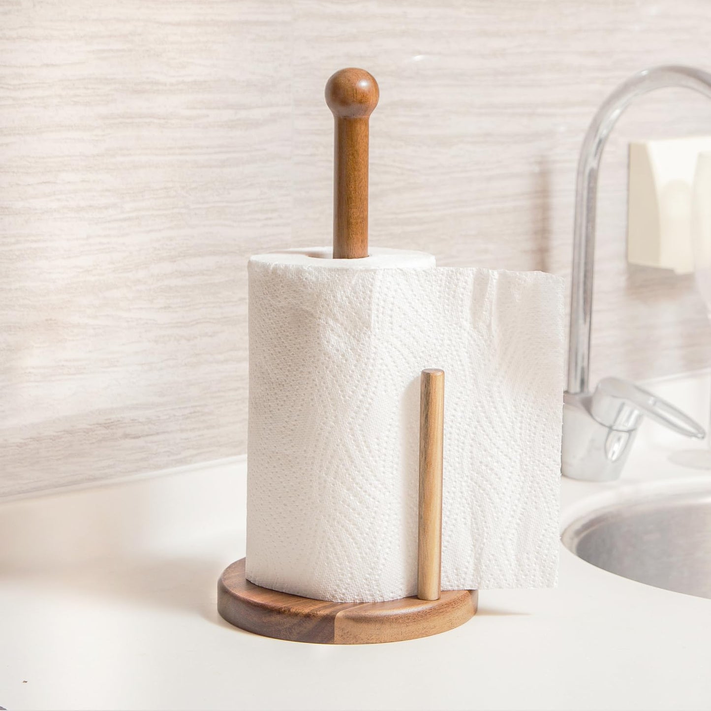14" Acacia Wooden Paper Towel Holder, 6.7" Large Heavy Base Wooden Kitchen Towel Roll Stand Organizer Free Standing, Rustic Farmhouse Paper Towel Holder Stand, Standing Paper Towel Roll Holders