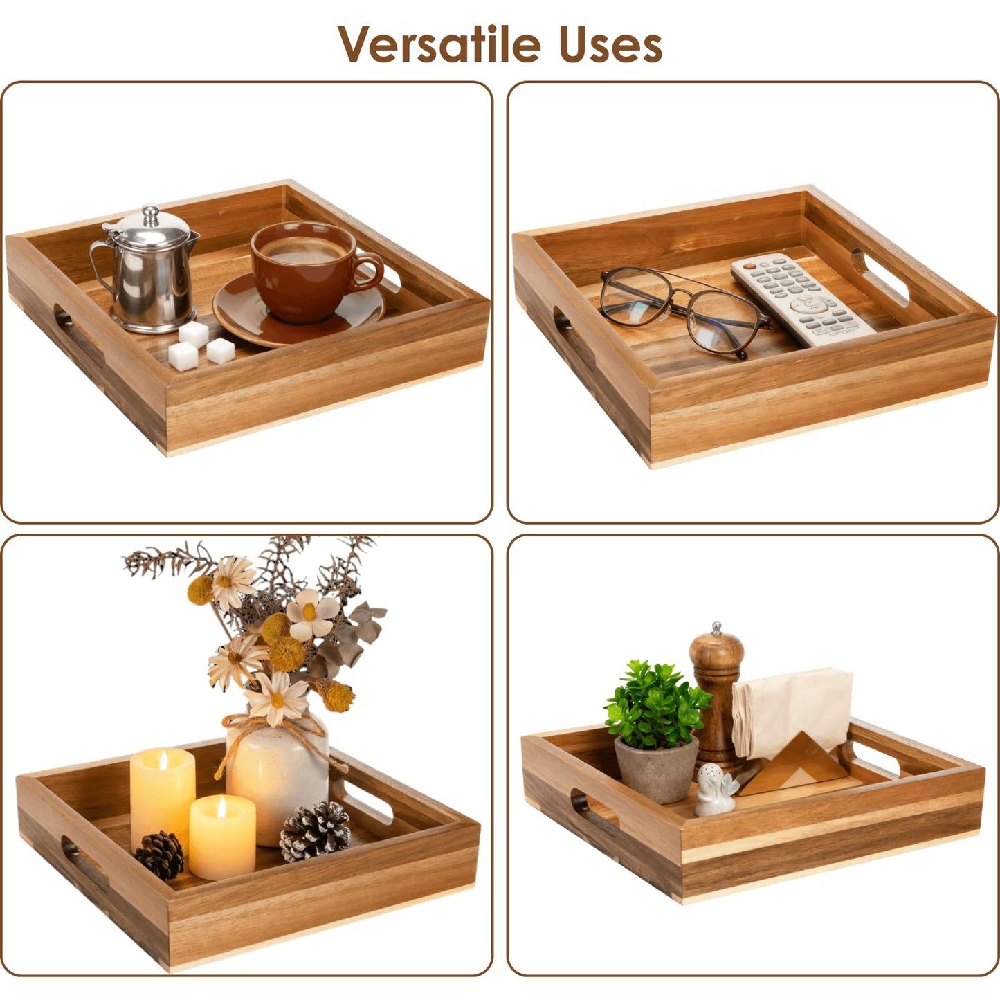 YOUEON Set of 2 Acacia Wood Serving Tray with Handles, 10x10x2 Inch Decorative Serving Trays for Food, Ottoman Tray, Square Coffee Table Trays for Dinner, Coffee, Wine, Appetizer