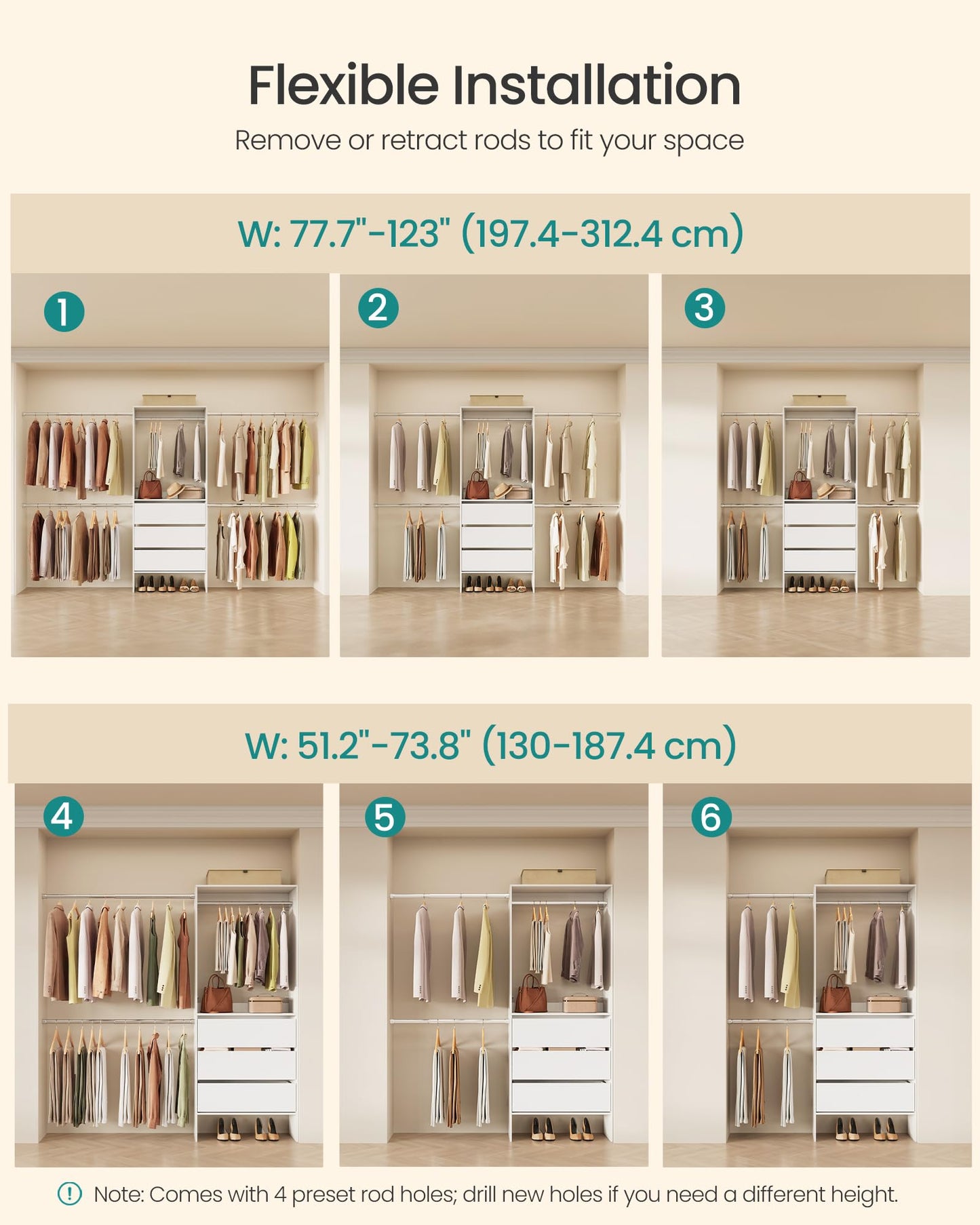 SONGMICS CUSTOS Collection - Closet System, Customizable Walk-In Closet Organizer System with Adjustable Hanging Rods and Drawers, White, Fits Spaces 6.5-10.2 ft URGR043WZ01S