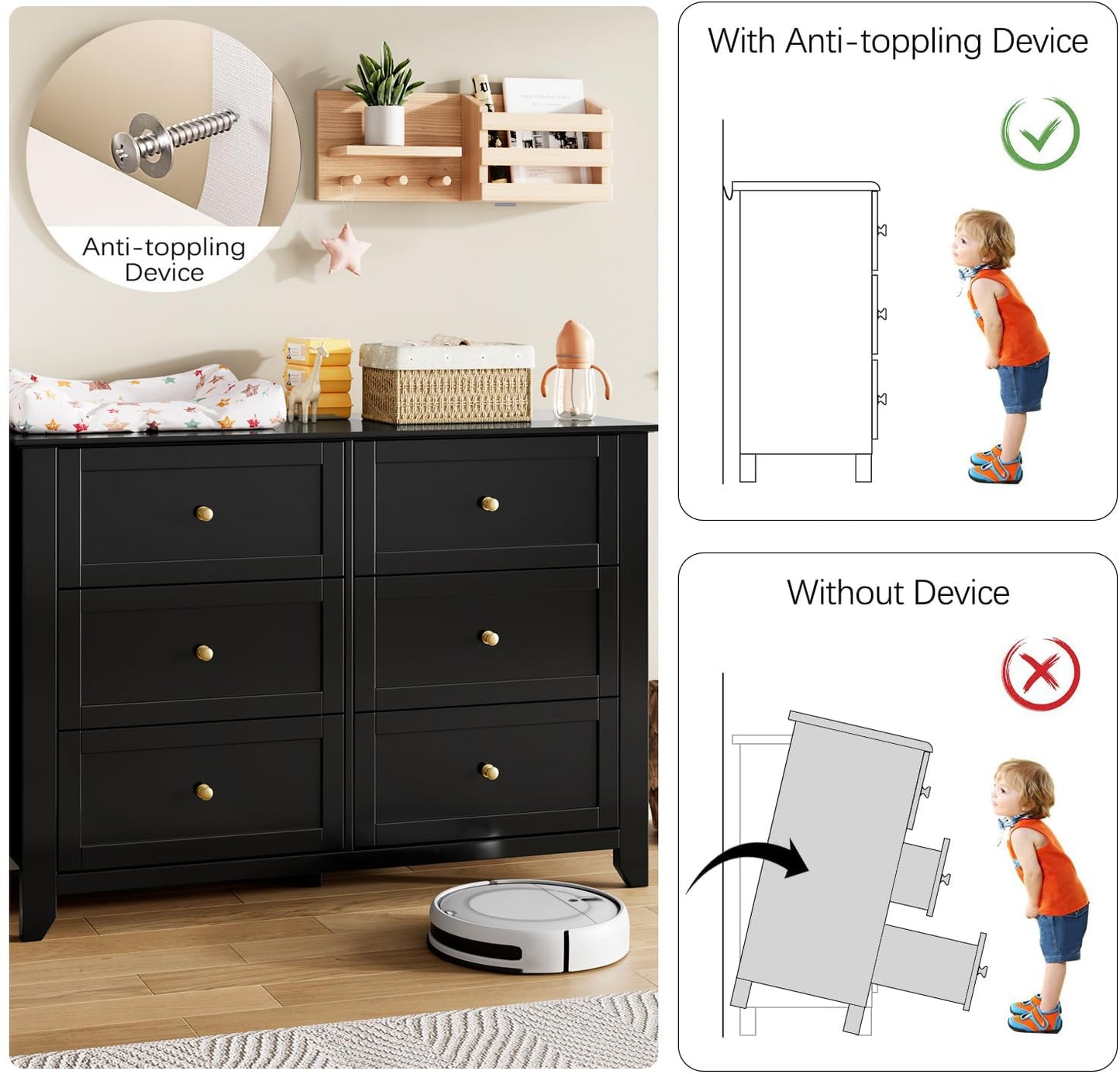 Garvee 6 Drawer Dresser for Bedroom, 47.2" Wide Modern Large Chest of Drawers with Metal Knobs, Wooden Clothes Storage Organizer for Closet, Nursery, Living Room, Apartment, Black
