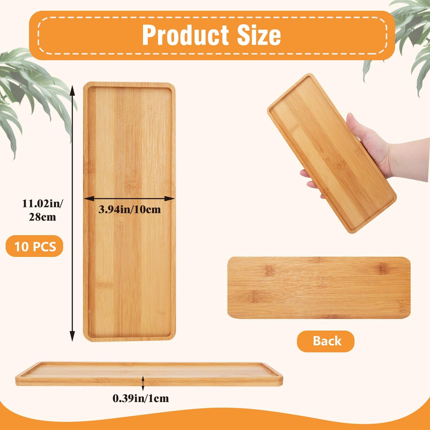 10 Pcs Wood Serving Trays, Rectangle Bamboo Tray for Bathroom, Wooden Serving Platter Vanity Tray for Dresser Snack Food Dinner Kitchen, 11 x 4 Inch(Rounded Edges)