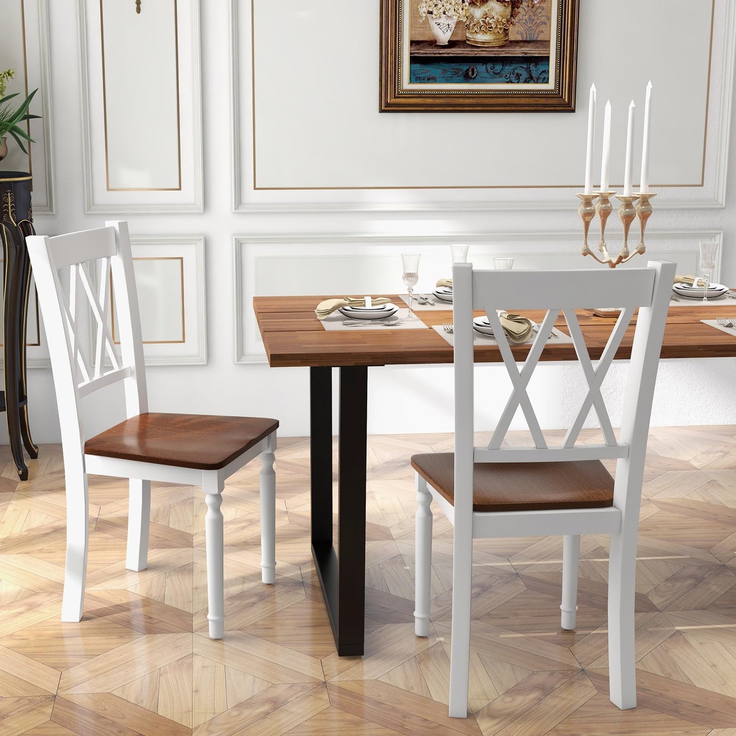 Giantex Dining Room Chairs Set of 2 White, Wooden Farmhouse Kitchen Chairs with Rubber Wood Seat, Acacia Wood Legs, Max Load 360 Lbs, Heavy Duty Wood Armless Dining Chairs with High Back