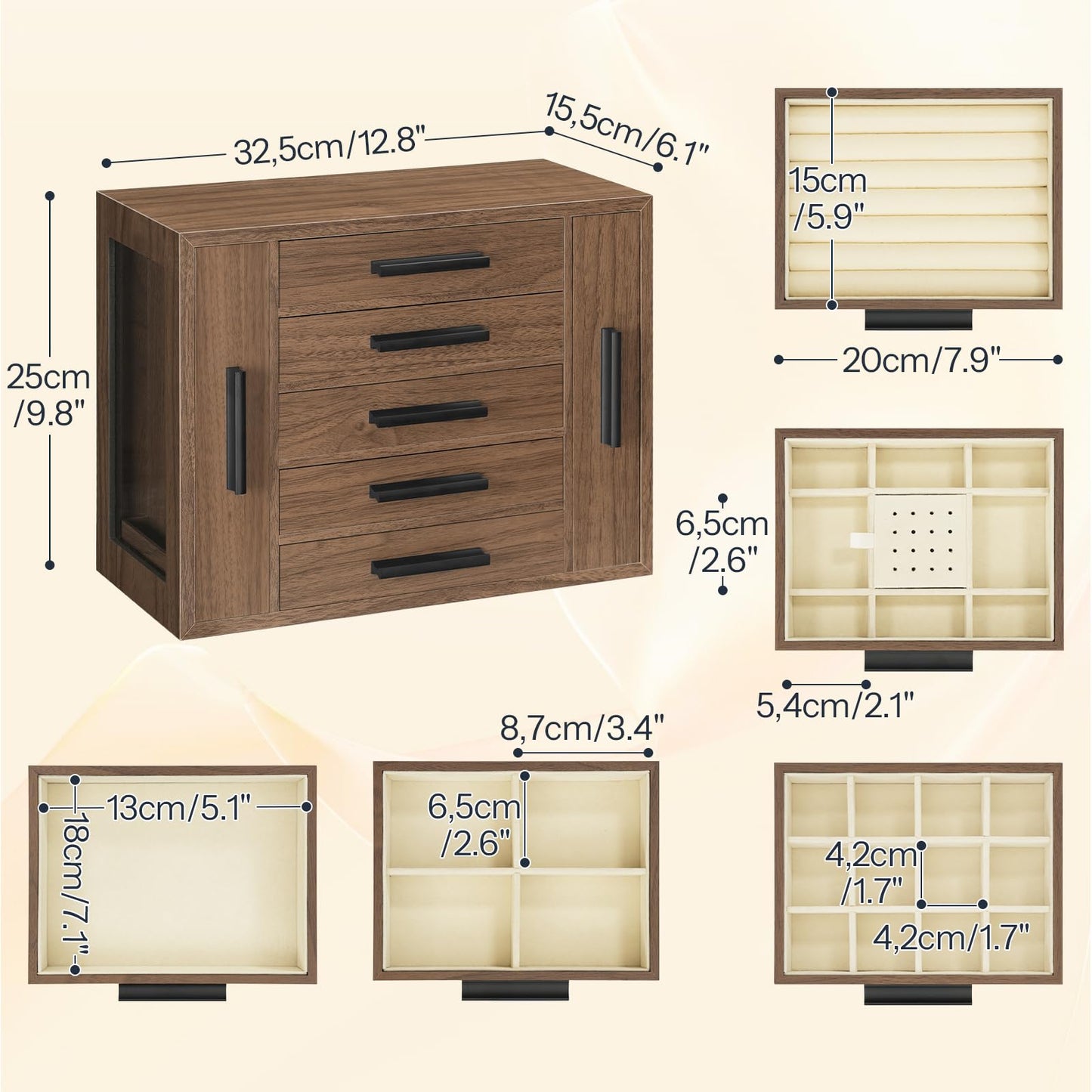 HOOBRO 5-Tier Jewelry Box, Wooden Jewelry Organizer with Transparent Windows and 360° Rotating Jewelry Box with Mirror, Jewelry Organizer with 4 Drawers Bundle, BH19JB04-BH31JB04