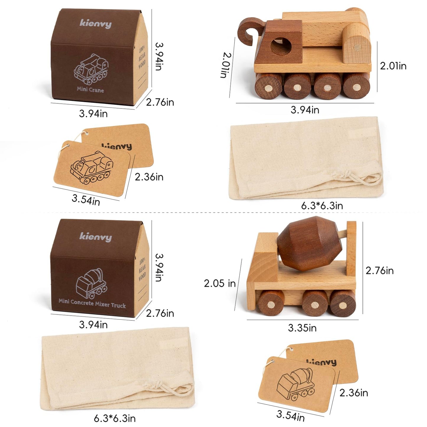 kienvy Wooden Toy Cars for 3 Year Old Boys & Girls - Construction Vehicles Set Push Toys for Toddlers, Wood Montessori Car with Rolling Wheels, Natural Wood Toys (Crane & Concrete Mixer Truck)