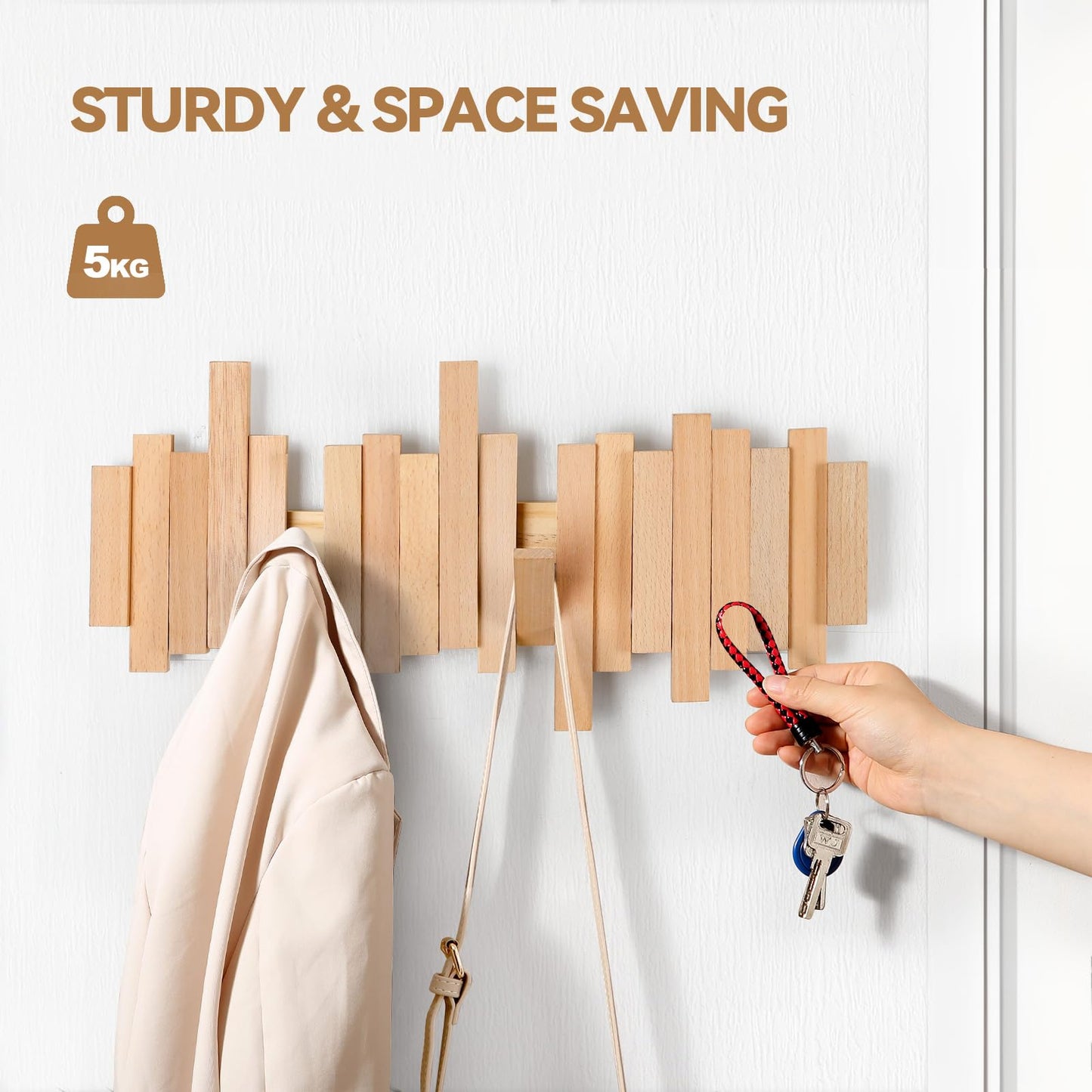 Ufine Wood Wall Mounted Coat Rack with 6 Flip-Down Hooks 16 Inch Wall Hooks for Hanging in Entryway, Bathroom, Home Office