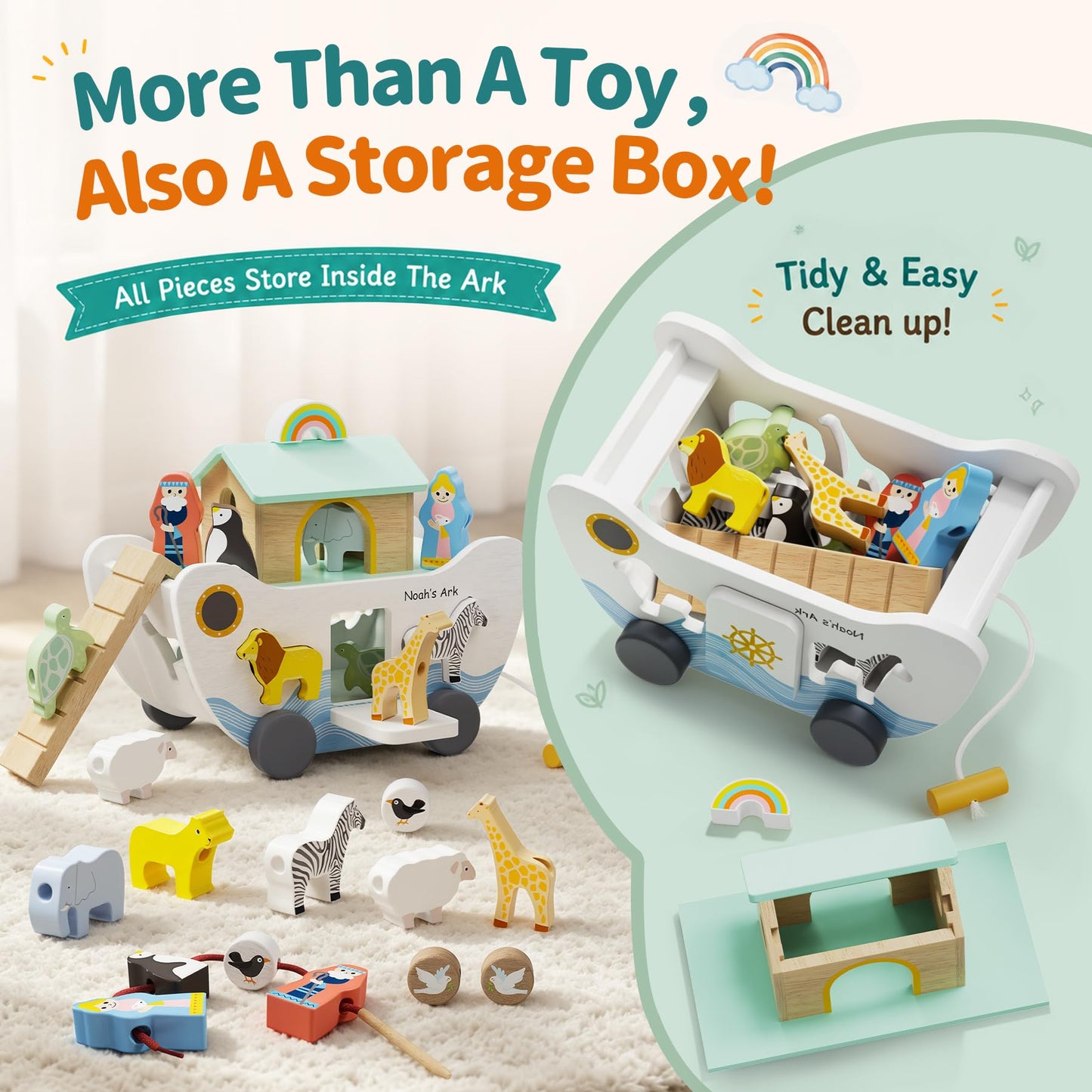 HASHMUST Wooden Noah's Ark Toy for 1 Year Old Baby Boy and Girl Gift - Pull Along Toddler Montessori Toy with Animal Shape Sorter Stacker for 1-3 Christmas Birthday Preschool Baptism Gift