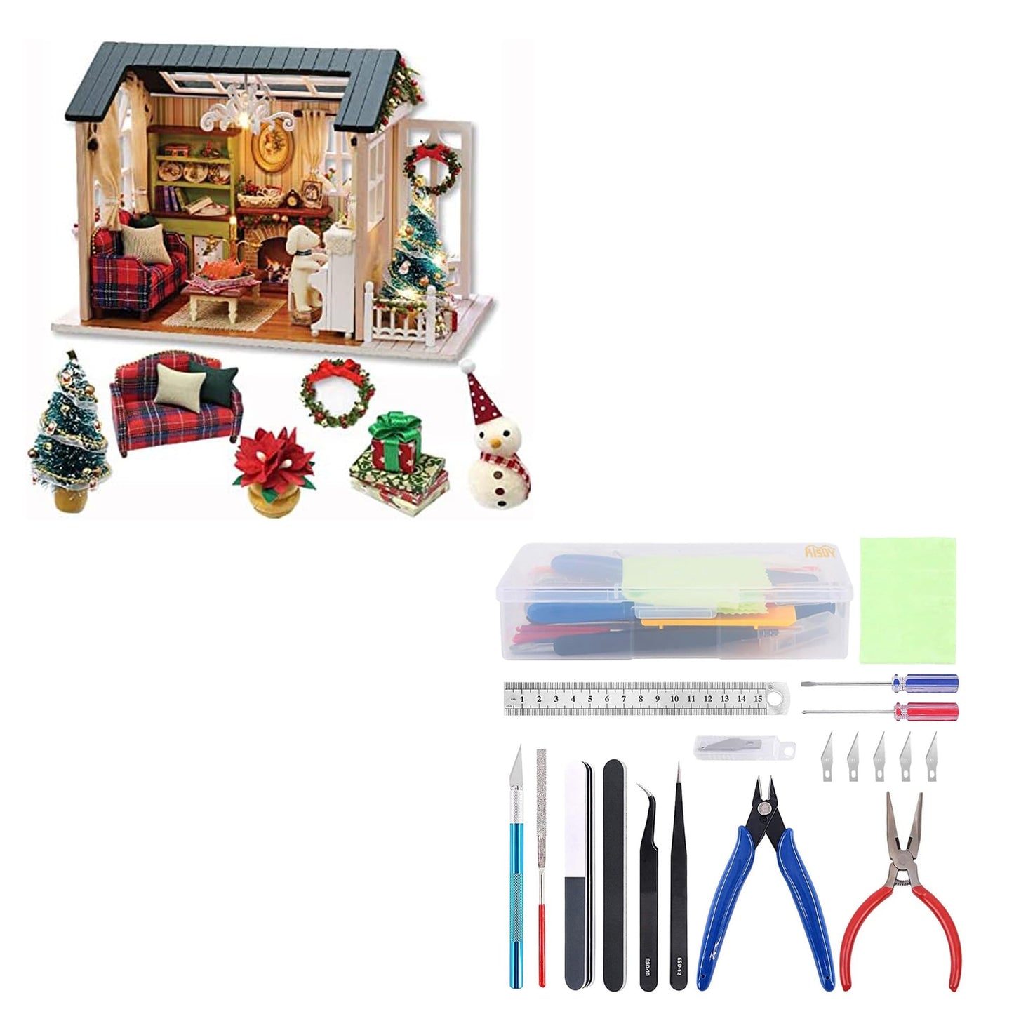 Kisoy Dollhouse Miniature with Furniture Kit, DIY 3D Wooden DIY House Kit with Dust Cover, Handmade Tiny House Toys for Teens Adults Gift（8009&17PCS Model Kit Tools