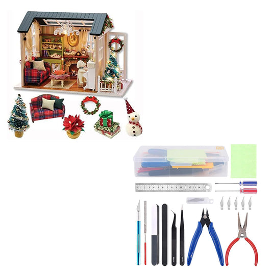 Kisoy Dollhouse Miniature with Furniture Kit, DIY 3D Wooden DIY House Kit with Dust Cover, Handmade Tiny House Toys for Teens Adults Gift（8009&17PCS Model Kit Tools