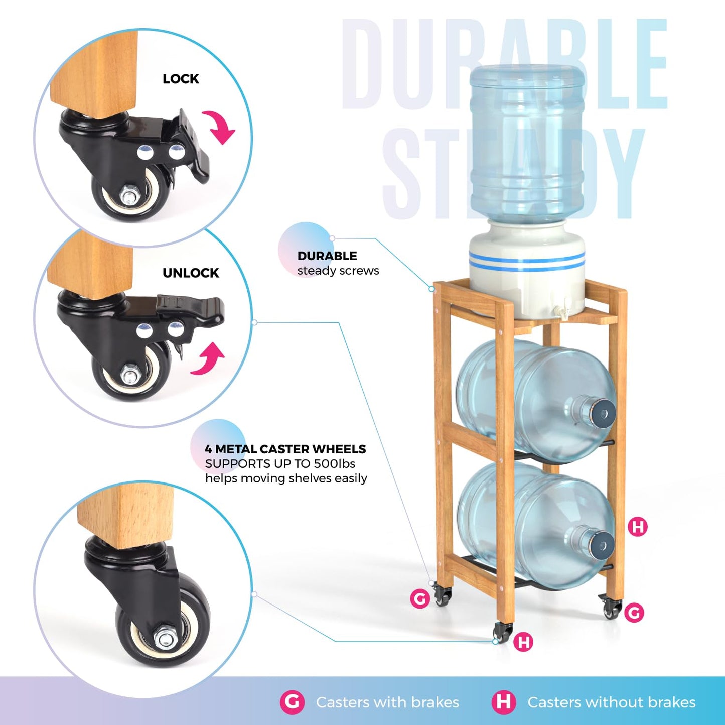 3-Tier 5 Gallon Water Jug Holder with Top Shelf – 4 Metal Wheels or Adjustable Feet – Natural Hardwood Water Dispenser Floor Stand – Wooden Organizer for Kitchen, Office, Garage – Space-Saving Design