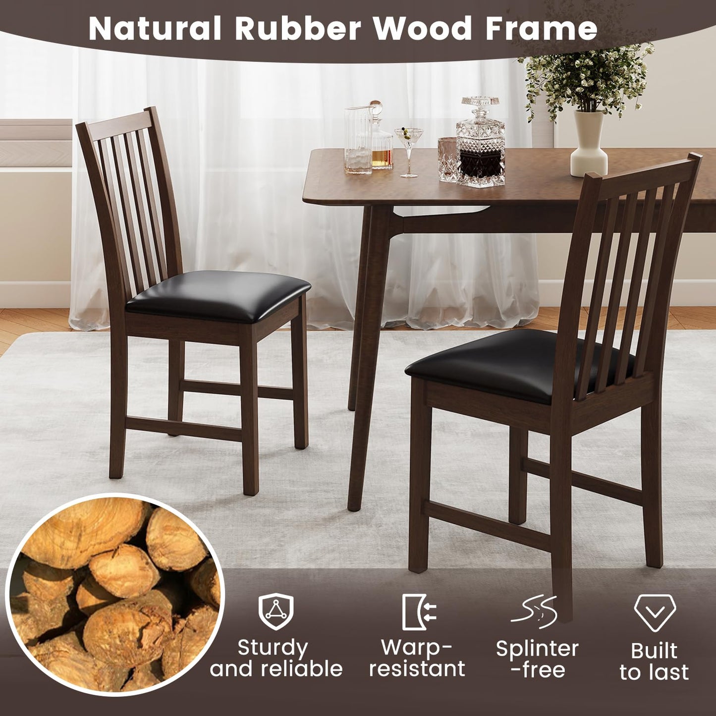 Giantex Wooden Dining Chairs Set of 2, Faux Leather Upholstered Kitchen Chair w/Rubber Wood Legs, Curved Back, Padded Seat, Mid Century Modern Armless Accent Side Chairs for Living Room, Brown