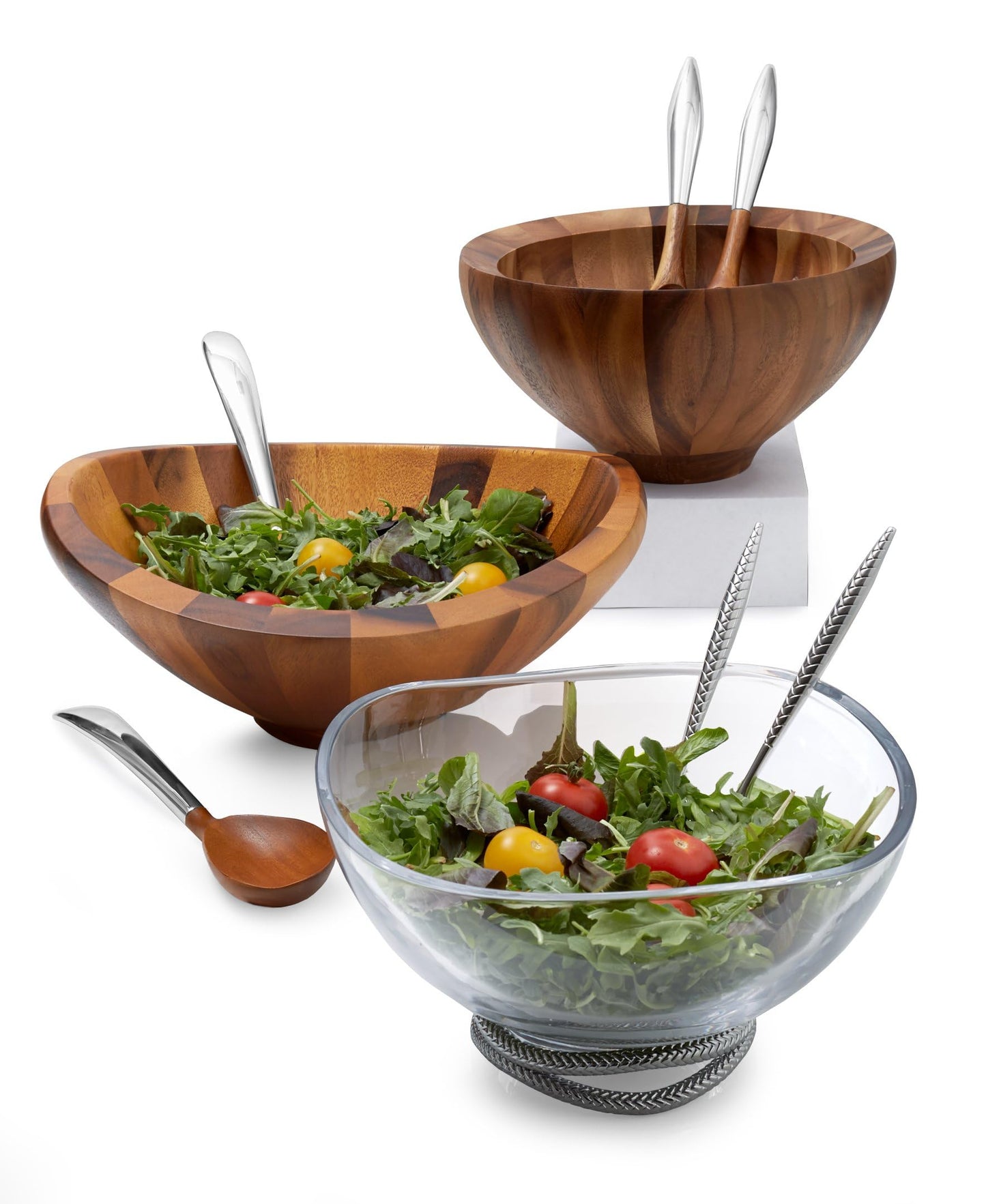 nambe Butterfly Acacia Wood Salad Bowl with 2 Salad Servers | Made of Acacia wood and Nambe Alloy | Large Deep Wooden Bowls | Acacia Wood Salad Bowl Set | Designed by Sean O’hara (16-in)