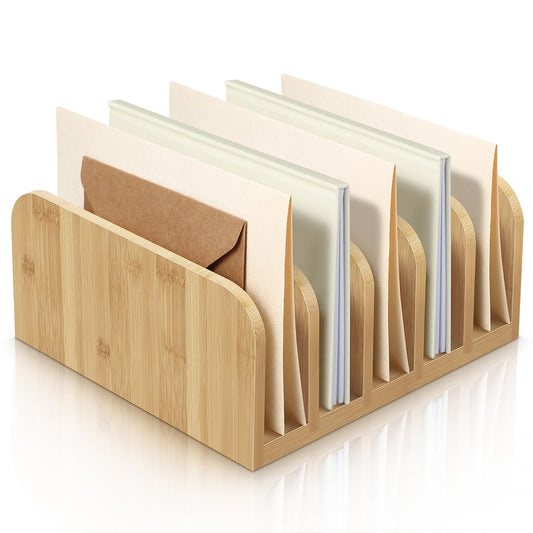 Lineshading Bamboo Letter Organizer, 5 Compartments Desk Mail Organizer, Desktop Envelope Holder and Letter Sorter, Countertop Paper File Holders with Anti Slip Mat for Home Office(Wood Color)