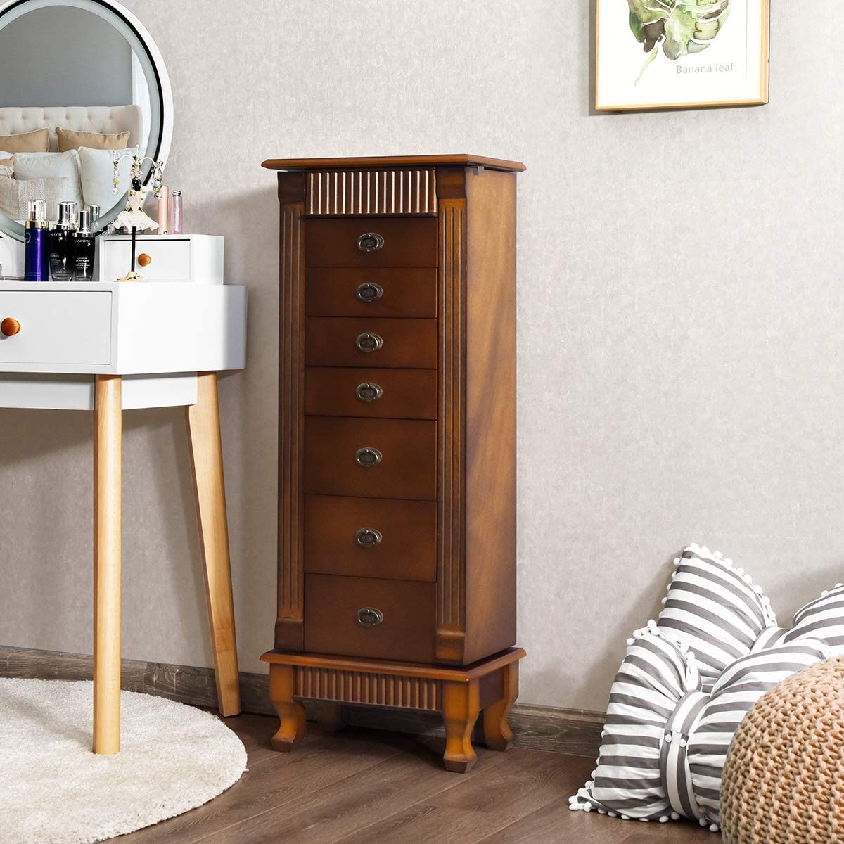 OFFICEJOY Jewelry Armoire Cabinet, Wooden Standing Jewelry Box w/ 7 Drawer, 2 Side Door, Flip Top Mirror, 12 Necklace Hook, Tall Jewelry Storage Chest for Women
