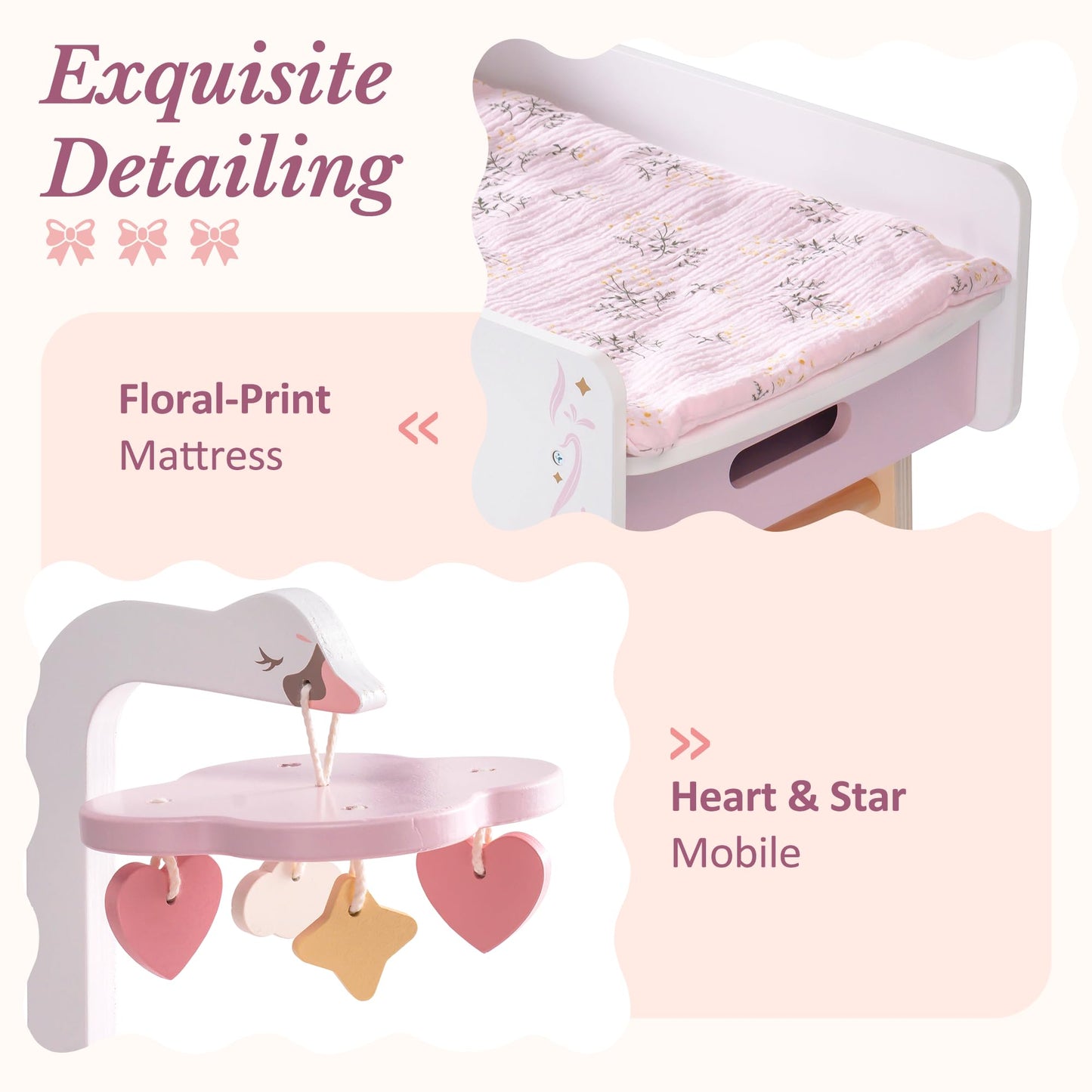 ROBUD Wooden All-in-One Baby Doll Changing Table with Mattress, Removable Sink, 2 Fabric Drawers, Bed Bell, Doll Furniture with Realistic Details for Kids 3+, Fits Dolls Up to 20 in, Pink